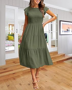 Zhyaj Women's Summer Casual Midi Dress Short Sleeve Smocked