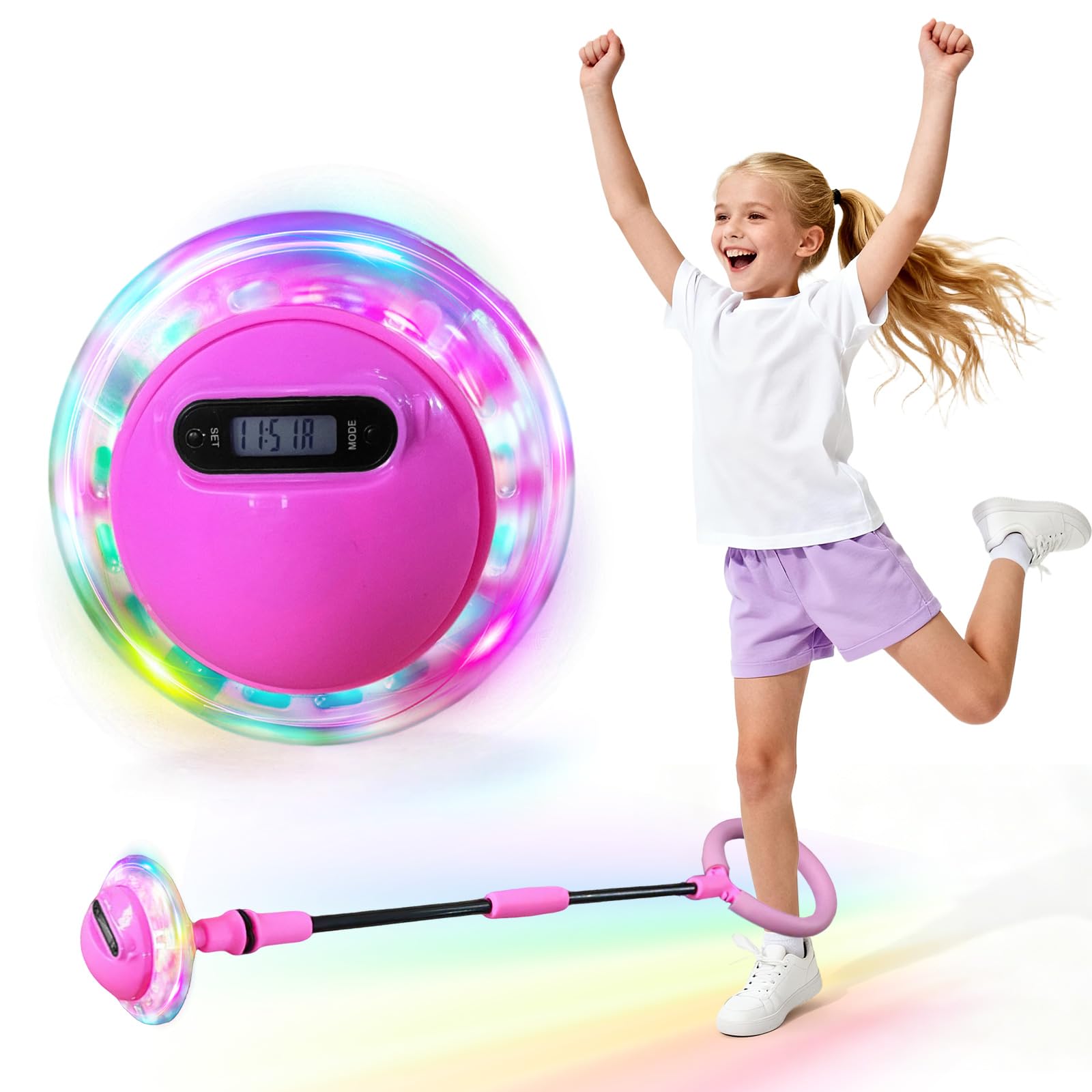OEHUG Ankle Skip Ball with Counter,Ankle Skip Ball Toy for Kids,Foldable Foot Skipping Balls with LED Lights,Timer Jump Rope,Toys for 3 4 5 6 7 8 9 10 Year Old Boys Girls (Pink)