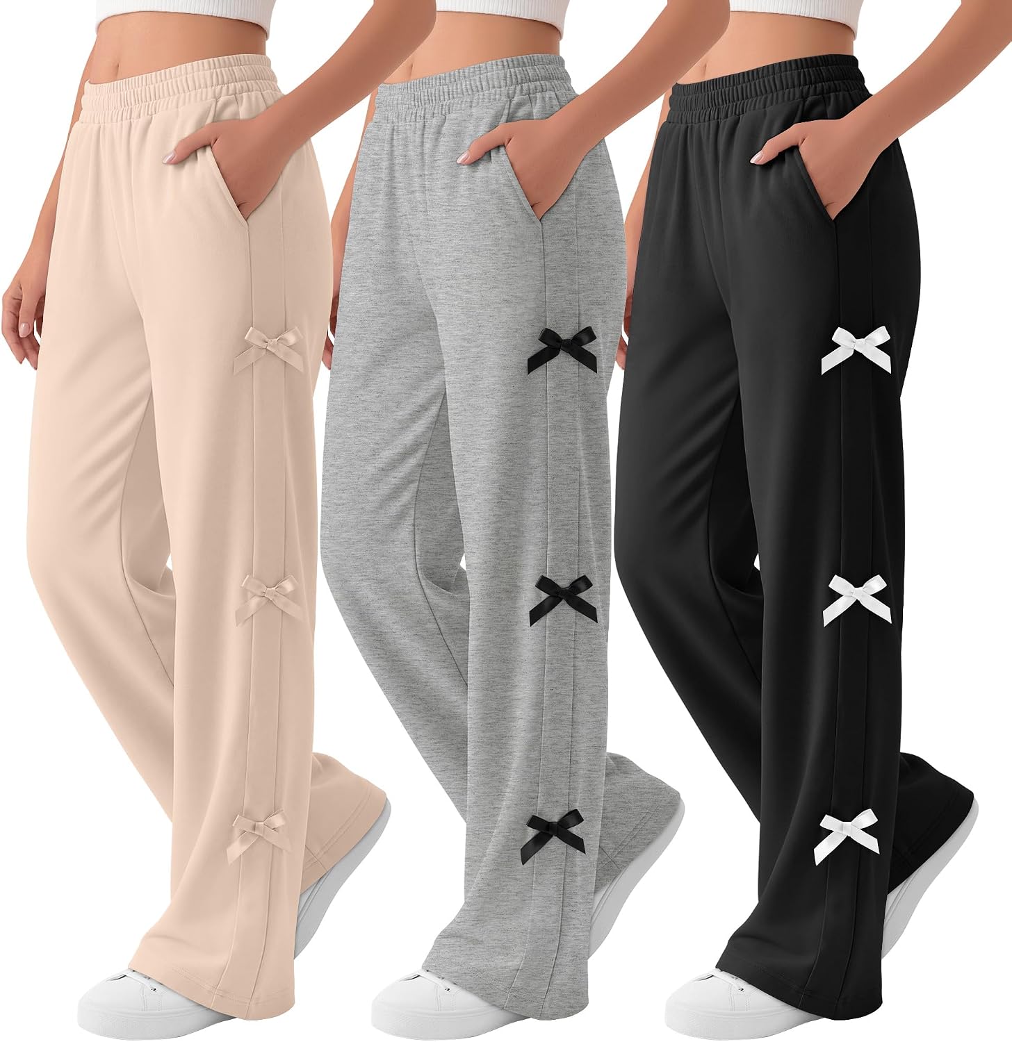 Yooo's Vivi 3 Pack Girls Wide Leg Sweatpants | Baggy Sweatpants with Pockets, Open Bottom Joggers, Casual Elastic Waist Pants, Back to School Wear for Girls 7-16 Years