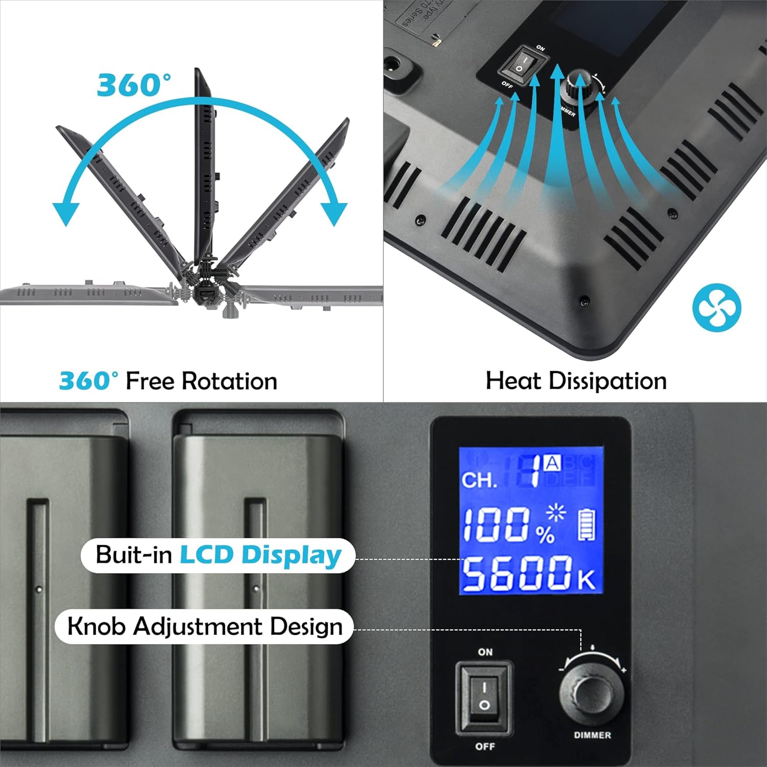 VILTROX VL-200T LED light mounted on a light stand, showing its dimensions and portability.