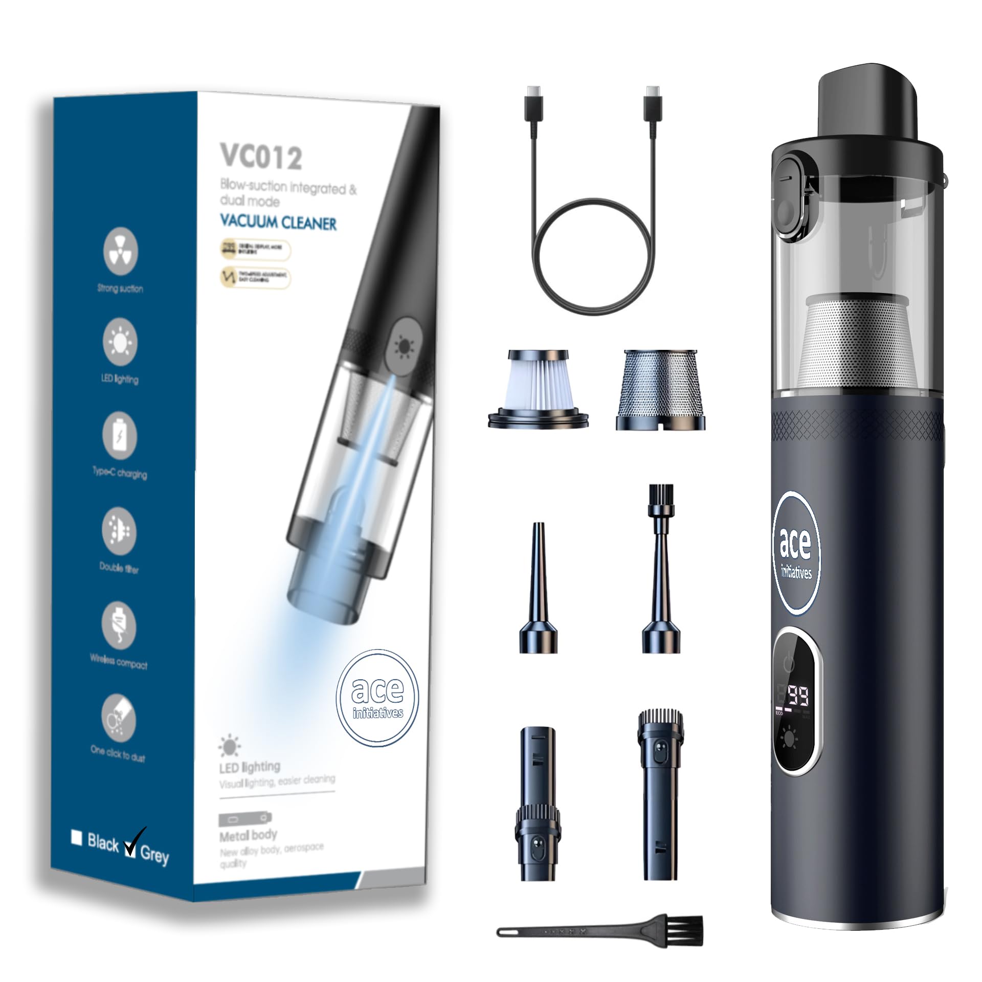 Portable Cordless Handheld Car Vacuum Cleaner, 13kPa Powerful Suction, Lightweight 1.2lbs, Type-C Fast Charging, Dual Filtration, Mini Portable Vacuum for Car, Home, Pet (Grey)