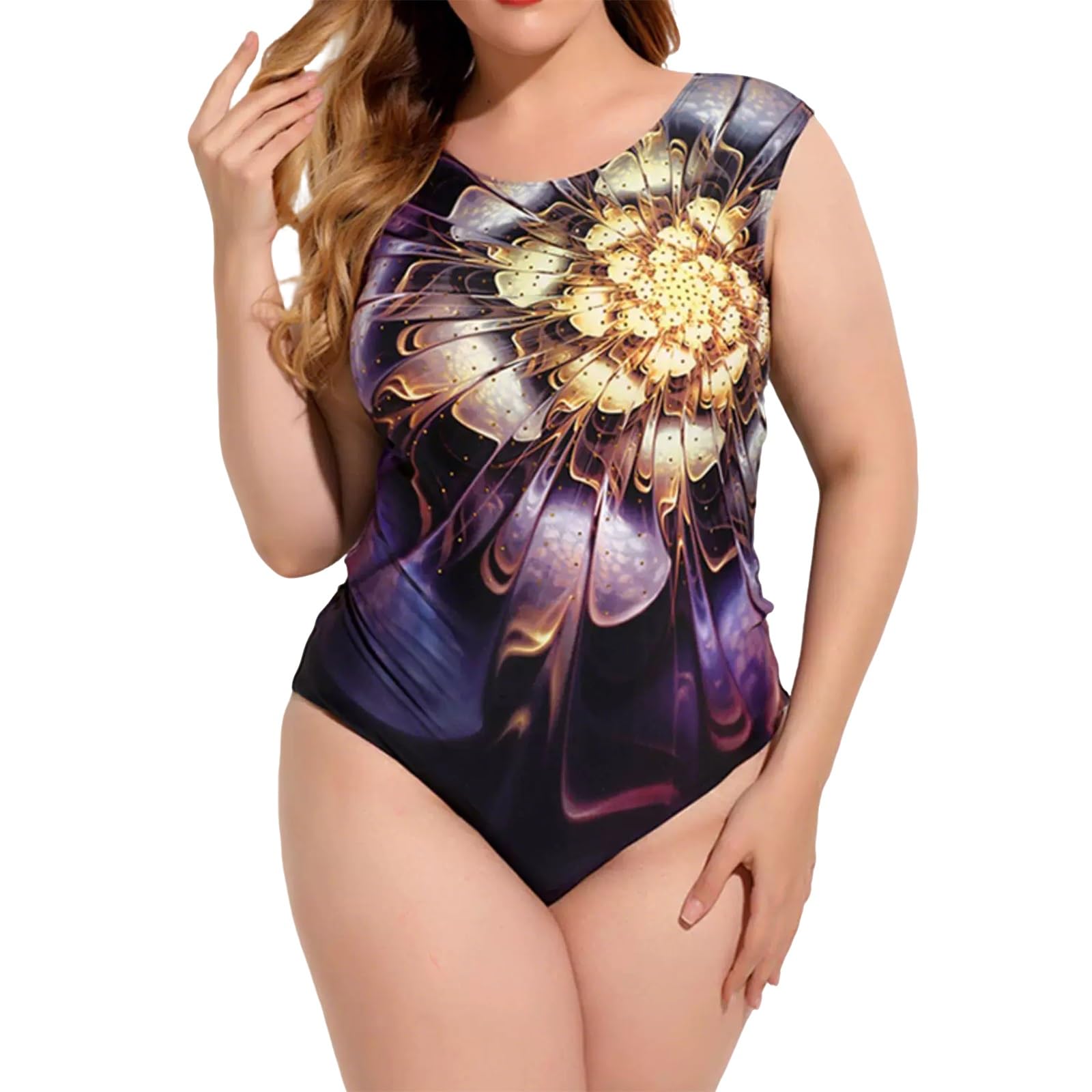 Einteiliger Badeanzug Für Damen Mit Blumenprint, Strasssteinen, Übergröße, Bauchkontrolle, Breite Träger