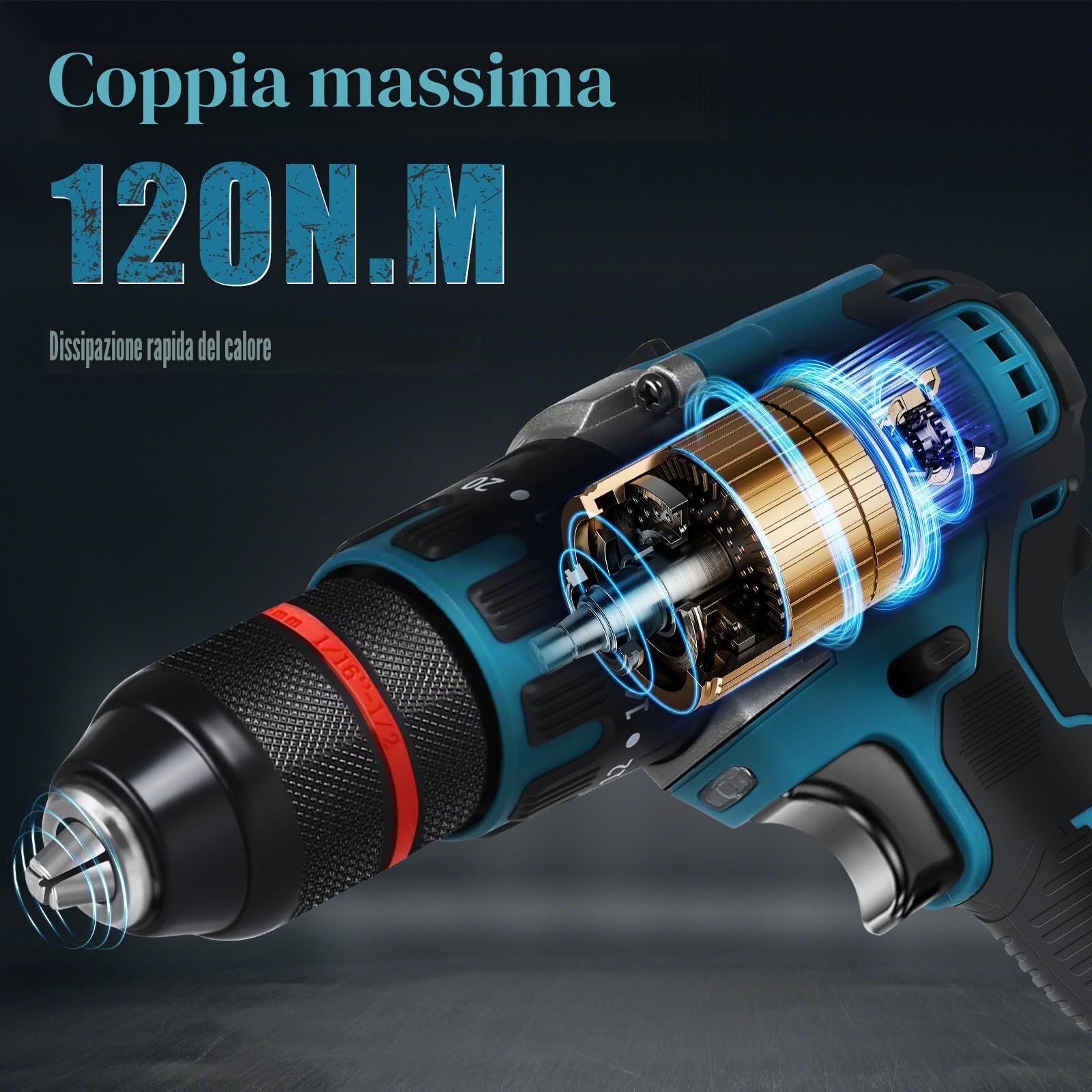 Trapano avvitatore a batteria compatibile con batteria al litio Makita 18 V, trapano a percussione senza spazzole da 120 Nm con 20 + 3 livelli di coppia, mandrino da 13 mm, lampada da lavoro a LED