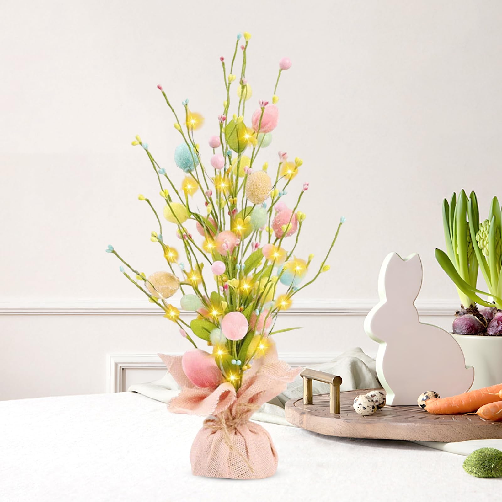 Hojalis Osterdeko Baum Lichter, 43 cm Beleuchtet Osterdeko Innen Mit 20 Warmweißen LEDs, Ostereierbaum mit Licht Mit Bunt Ostereier, Ostern Deko Baum Mit LED Lichterkette Für Wohnzimmer Tisch