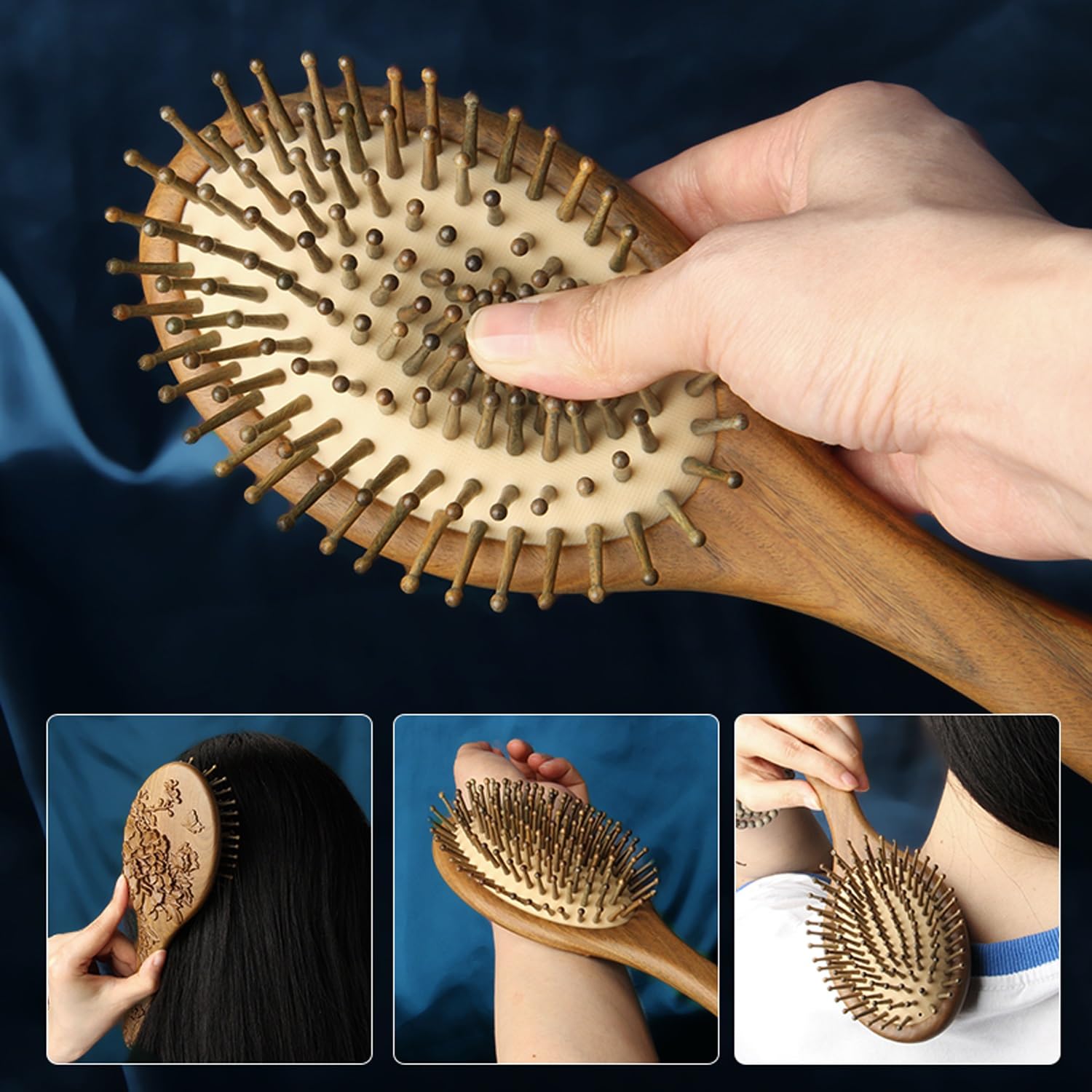 Spazzola per Capelli, Pettine Ovale in Legno per Massaggio con Intaglio di Fiori di peonia, Spazzola per Capelli antistatica districante con Cuscino d'Aria massaggiante