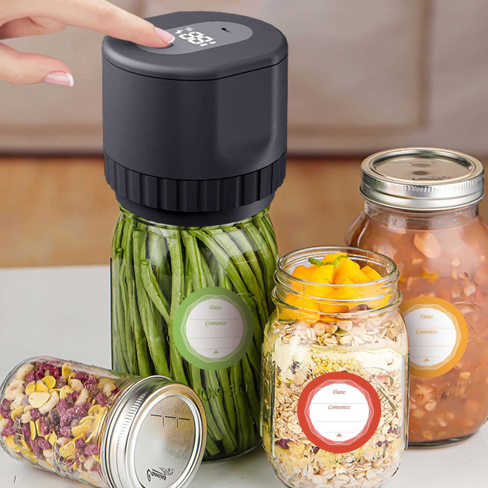 Glas-Vakuumierer-Set, Food Saver Vakuum-Dosenversiegeler, tragbare Mason-Vakuumierer mit 15 Flaschenverschlüssen und 60 Etikettenaufklebern für die Gärung von Lebensmitteln