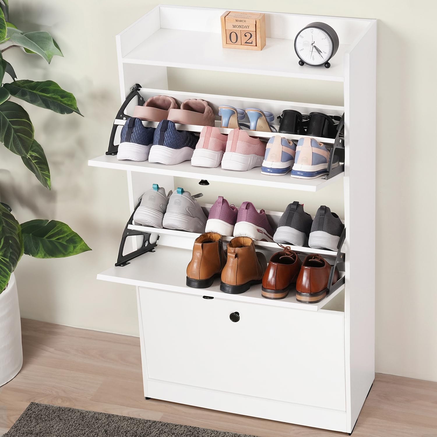 ABOUT SPACE Shoe Rack for Home - 4.5 Ft 3 Tier Tilt Out Door Slim Shoe Cabinet | 18-20 Pairs Vintage Slipper Stand with Anti-Tipping Protection & Removable/Adjustable Panels - Engineered Wood - White-image-27