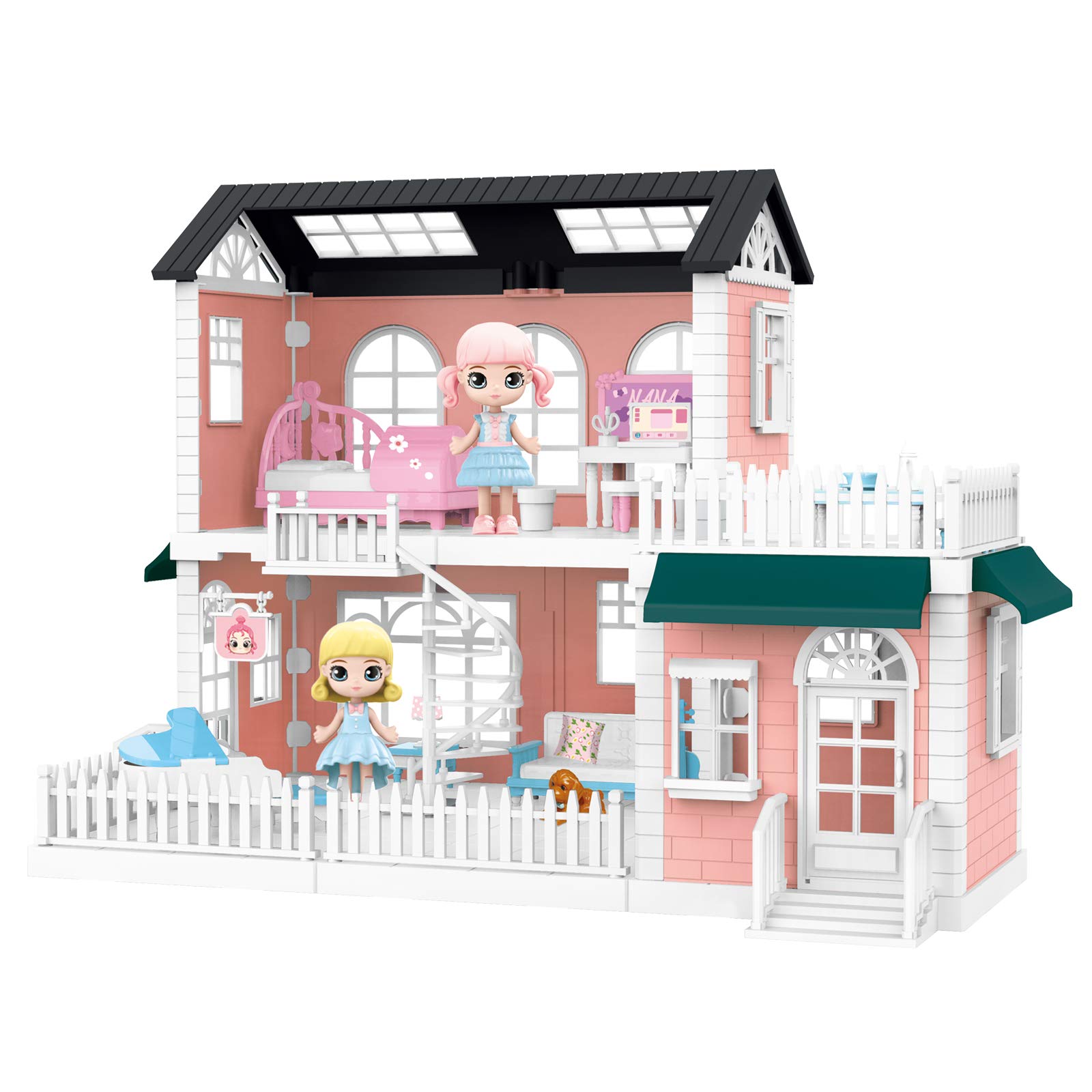 heruo Dream House Doll House, 2 Story with Furniture Stairs Dolls and Pet, Building Toys Dollhouse Miniature, Cottage Pretend Play House, Toy for 3 4 5 Years Old, DIY Creative Gift Birthday for Girls