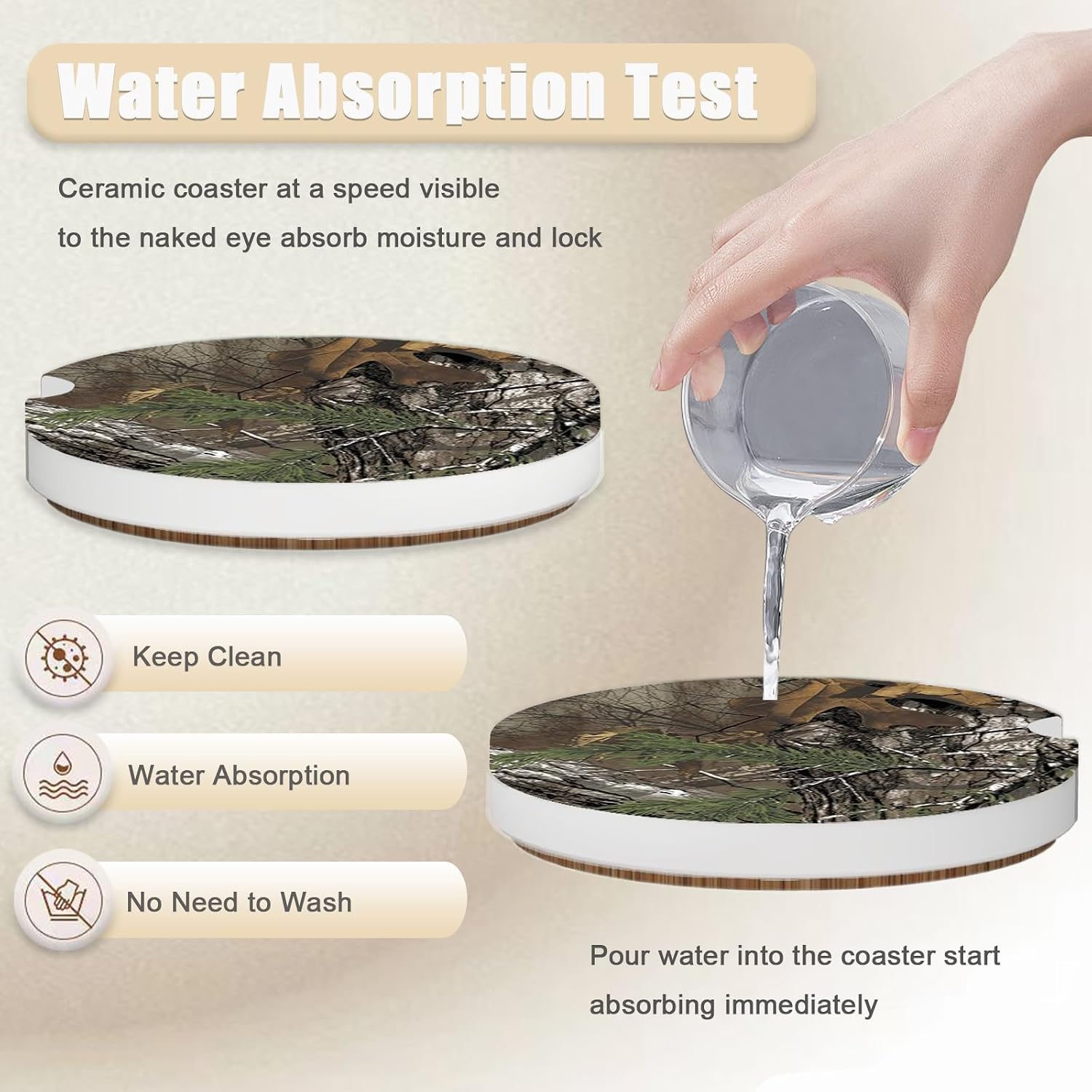 2 Pack Camouflage Tree Coasters for Cup Holders, Ceramic Car Cup Holder Coaster for Car, Absorbent Car Cup Coasters with Cork Base Car Interior Accessories for Women Men image 3