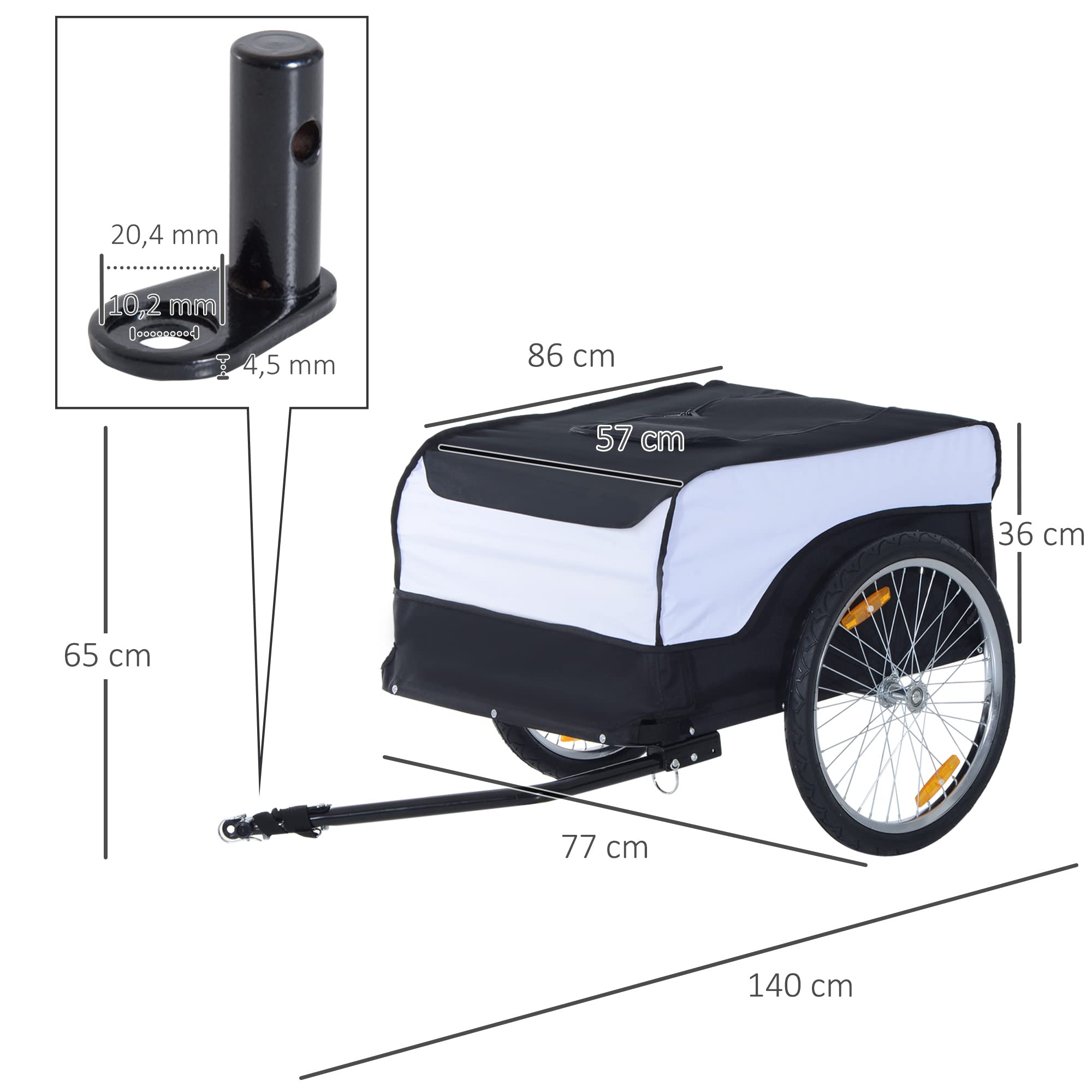 HOMCOM Fahrradanhänger Lastenanhänger Belastbarkeit max. 40 kg Transportanhänger Handwagen Lasten-Fahrradanhänger Weiß+Schwarz Stahl Oxford 140 x 77 x 65 cm