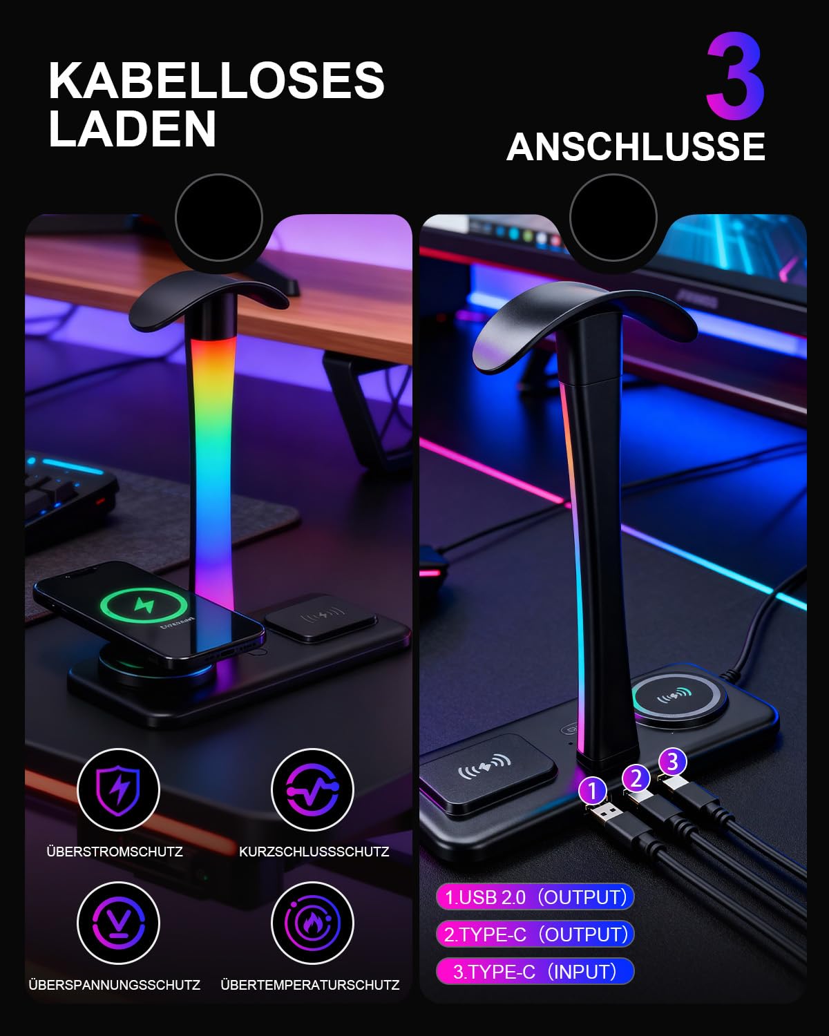 Trongle 3 in 1 RGB Gaming Kopfhörer Ständer mit 15W Wireless Ladegerät, Gaming-Headset-ständer Headset Halterung Wireless Charge Kopfhörer Halter mit 1*USB 2*Typ-C 10 Lighting Effects Modes Schwarz