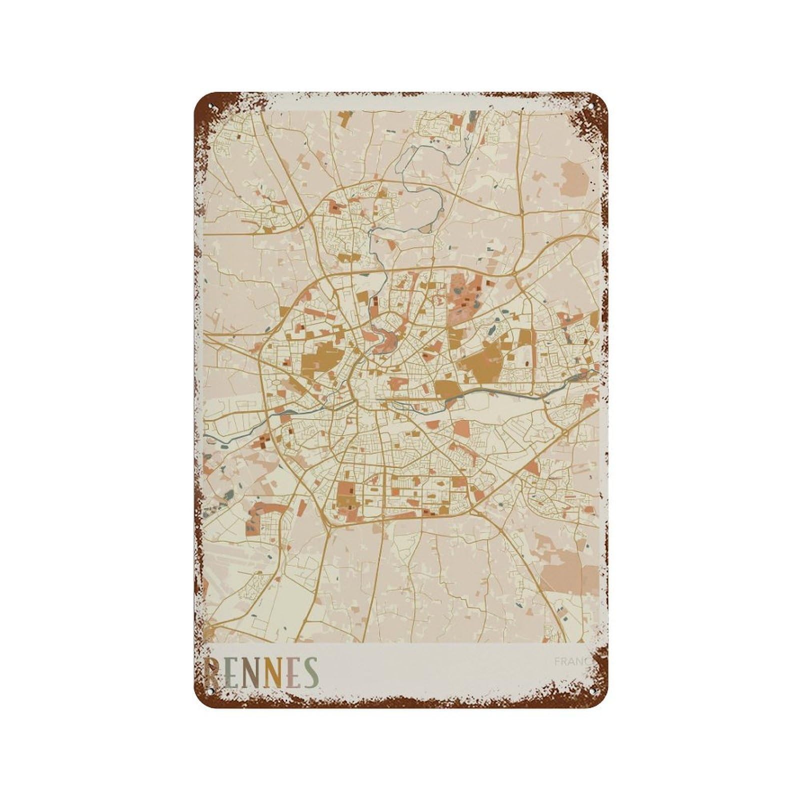 xiaoxiaoshen Rennes Map France Travel Gift Boho Wall Decor Art Metal Tin Poster Modern Home Decor Art Home Bar Shop Decorations Vintage Sign 30x20cm