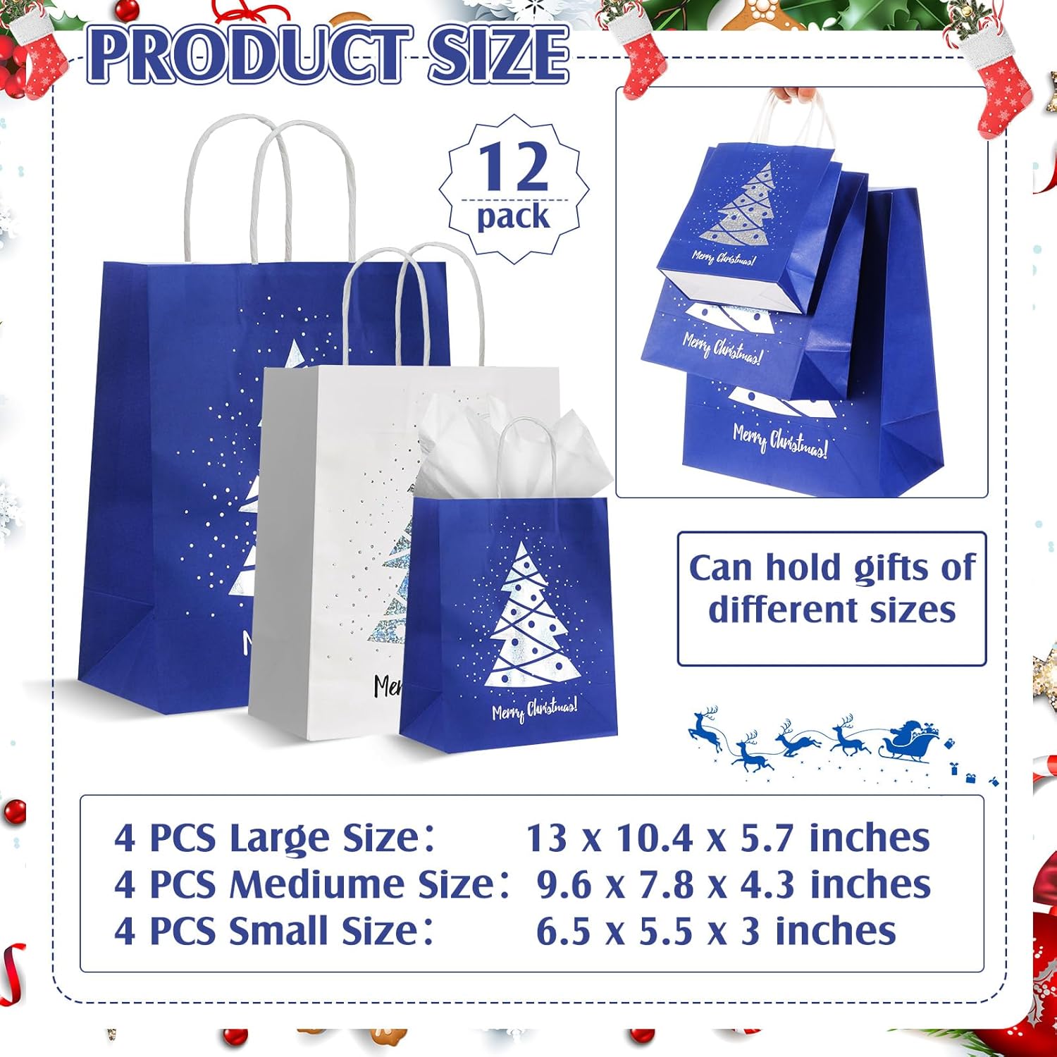 Humyoun 12 Pack Christmas Gift Bags Assorted Sizes with Tissue Paper Blue and White Gift Bags with Spot Gloss Xmas Tree (4 Small 6.5" 4 Medium 9.6" 4 Large 13") for Christmas Gifts Wrapping