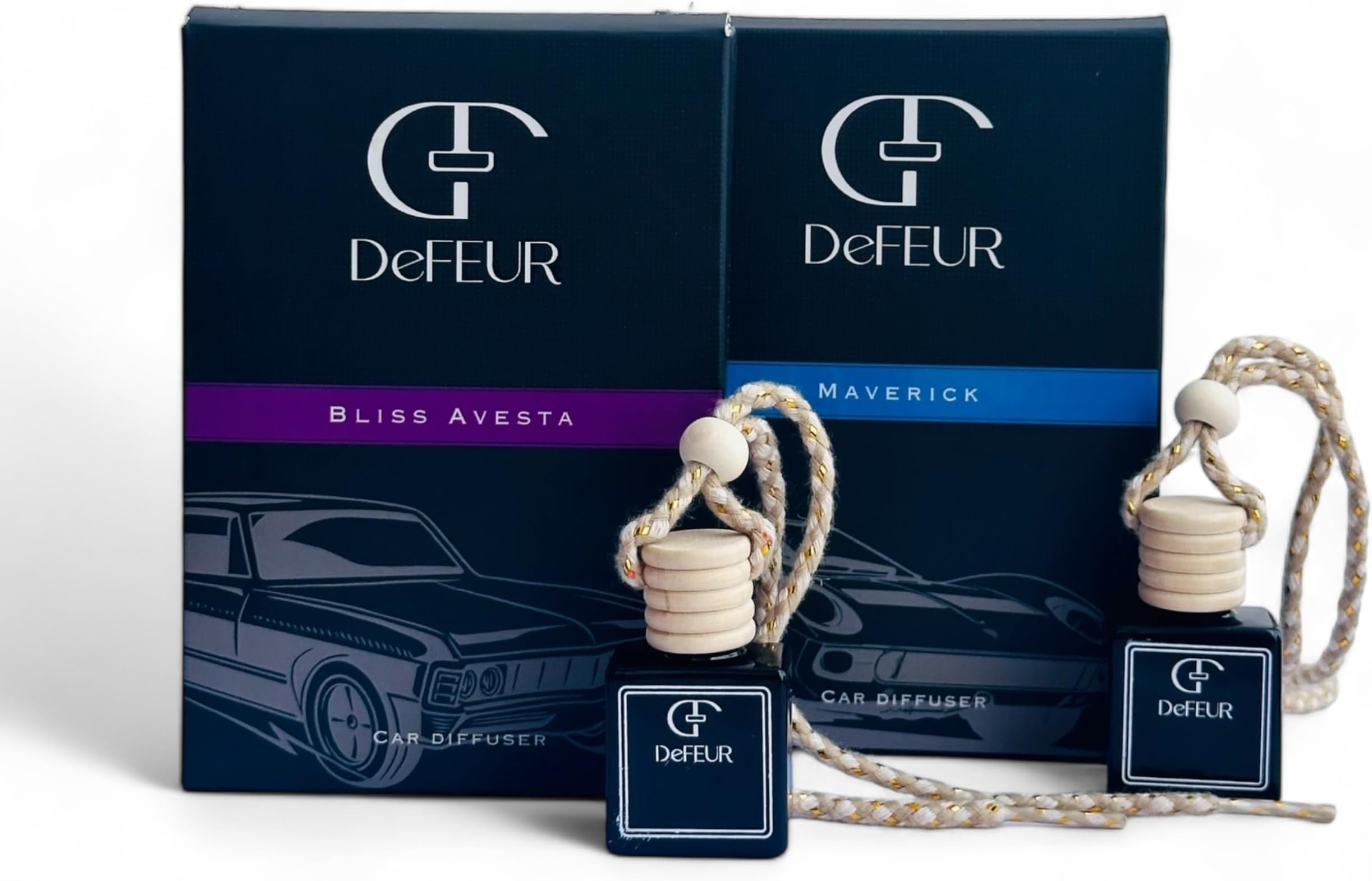 Defeur Perfume With Essential Oils | Car Perfume Diffuser With Wooden Lid | Car Fresheners Long Lasting | Premium Car Perfumes | Car Accessories Interior | 10 ml - Pack of 2 (Bliss Avesta & Maverick)