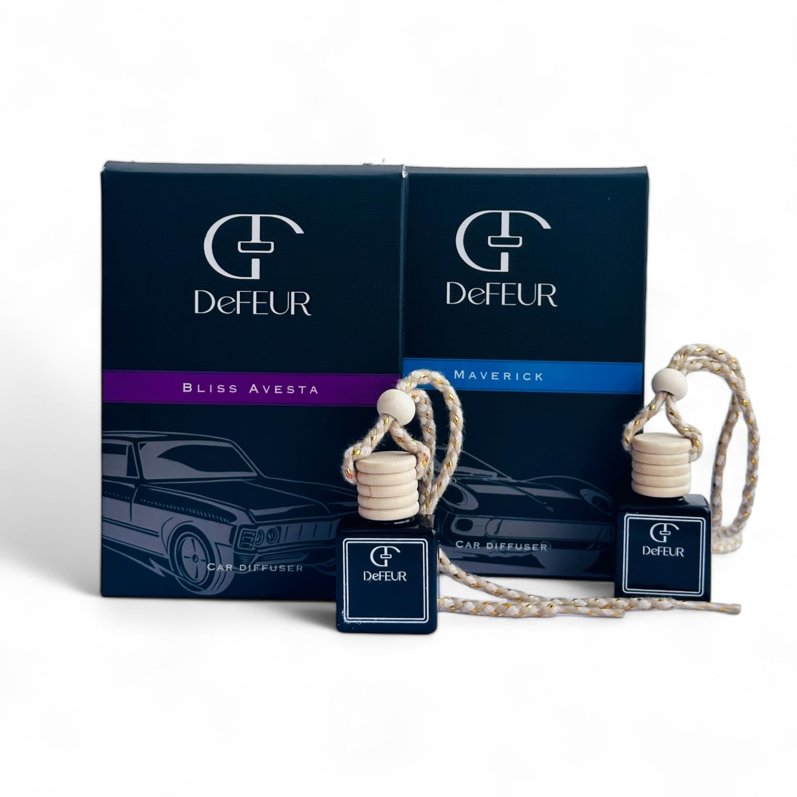 Defeur Perfume With Essential Oils | Car Perfume Diffuser With Wooden Lid | Car Fresheners Long Lasting | Premium Car Perfumes | Car Accessories Interior | 10 ml - Pack of 2 (Bliss Avesta & Maverick)
