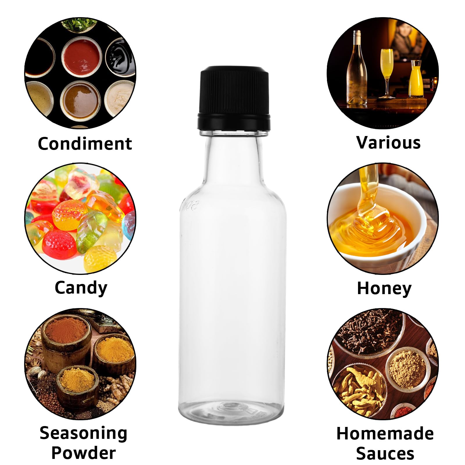 Lot de 70 mini bouteilles d'alcool, bouteilles à spiritueux avec bouchon noir, 50 ml - Bouteilles hermétiques en plastique avec entonnoirs pour cocktail, fête, mariage