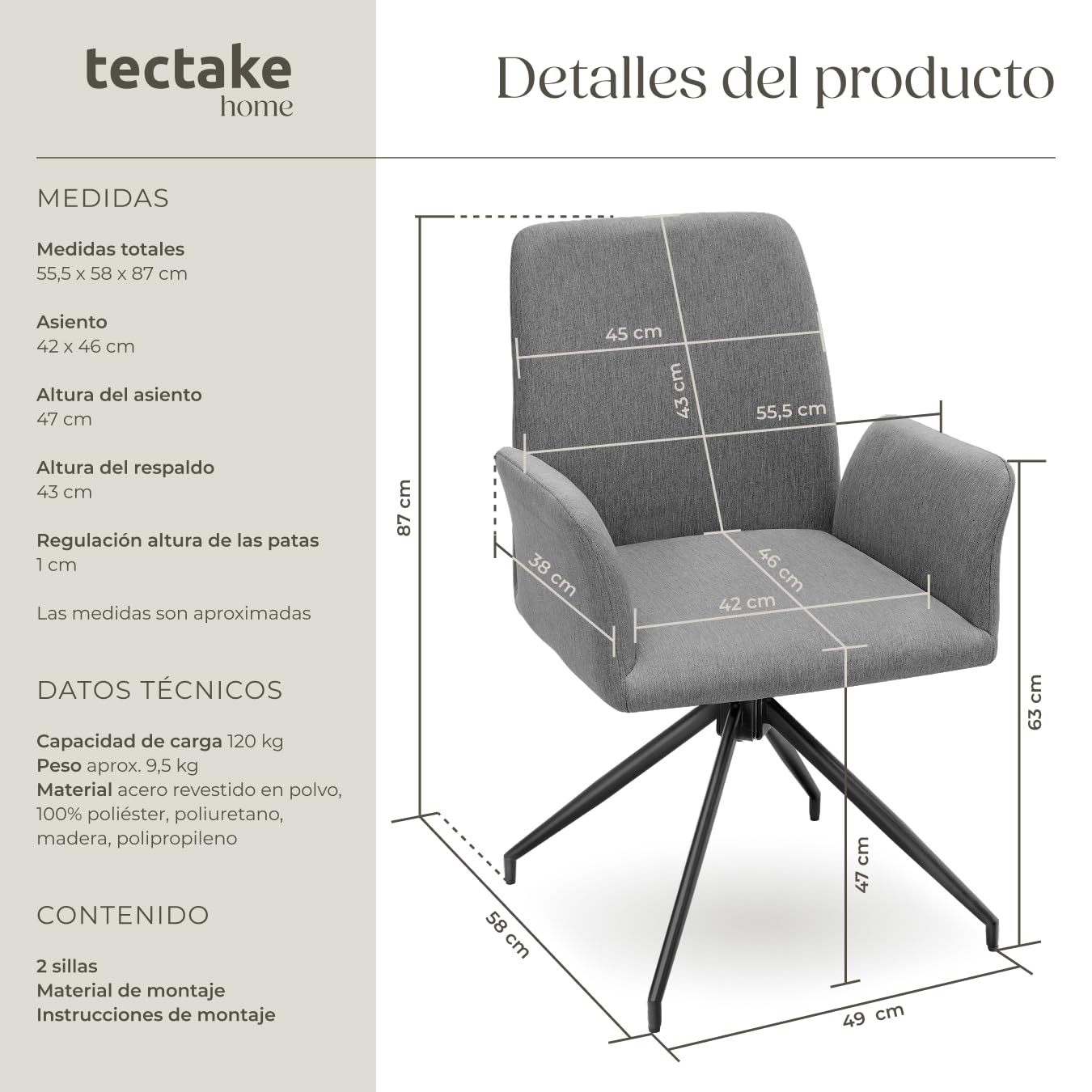 tectake® Silla Comedor Nordica Acolchada con Reposabrazos, Sillas Giratorias, Sillas Cocina Moderna, Silla Salon Comedor, Butaca Dormitorio, Muebles Salon Modernos, Rotación 360 ° - Set de 2 Antracita