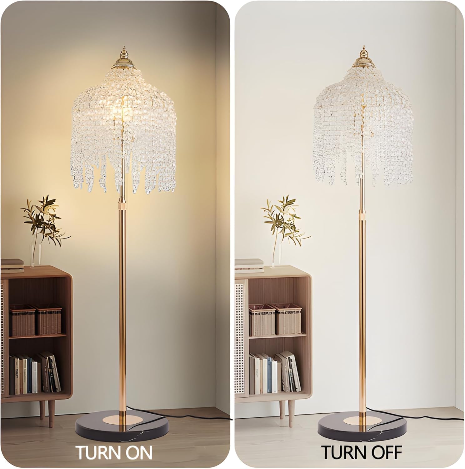 3-Light Gold Crystal Floor Lamp,Elegant Stand Up Lamp with Pendant Crystal Shade,Modern Floor Lamp for Living Room,Bedroom Decor