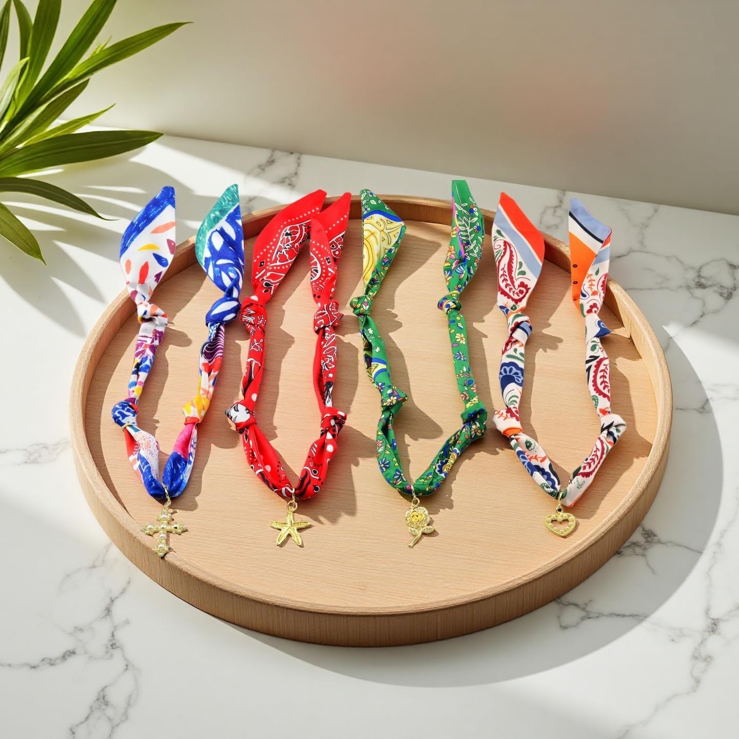 KJML DIY Scarf Necklace with Charm 4Pack Bandana Necklace with Charms Silk Styling Adjustable Tie Statement Choker Jewelry Scarf Necklaces for Women Birthday Mothers Day Christmas Teacher Lady - Image 7