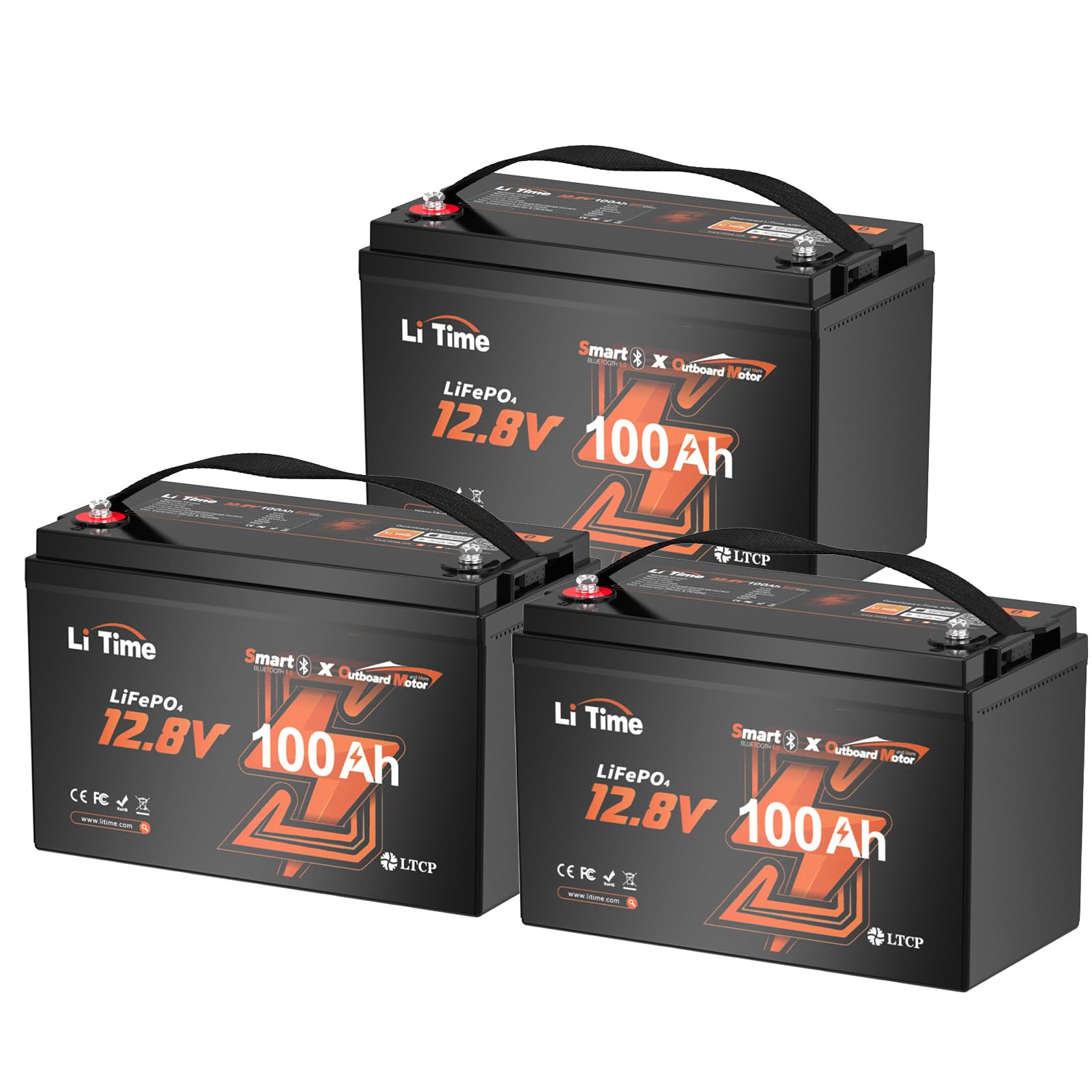 Litime 12V 100Ah LiFePO4 Battery Bluetooth, 12 Volt Group 31 Trolling Motors Lithium Battery, Up to 15000 Deep Cycles, Low-Temp Protection for Boat, Marine, Yacht, Electric Outboard Motors (3-Pack)