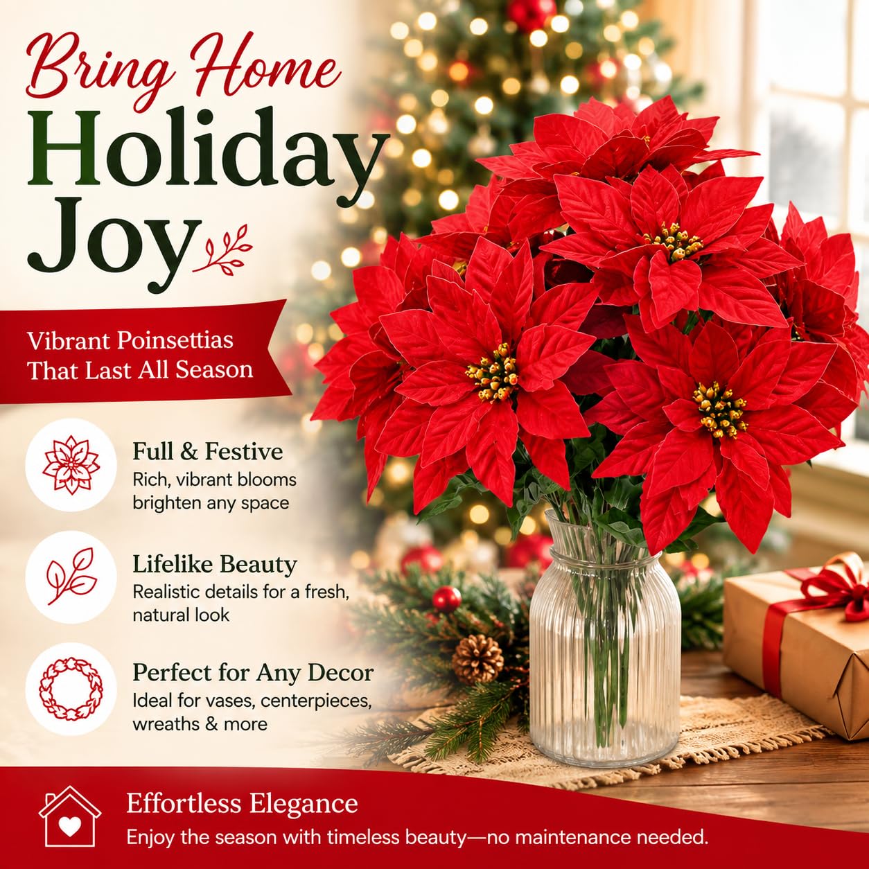 BANBERRY DESIGNS - Juego de 4 Flores de Pascua de Pascua Rojas con arbustos de Flores de 13 Pulgadas de Alto Cada uno - Decoraciones de Navidad Rojas - Accesorios Decorativos Florales