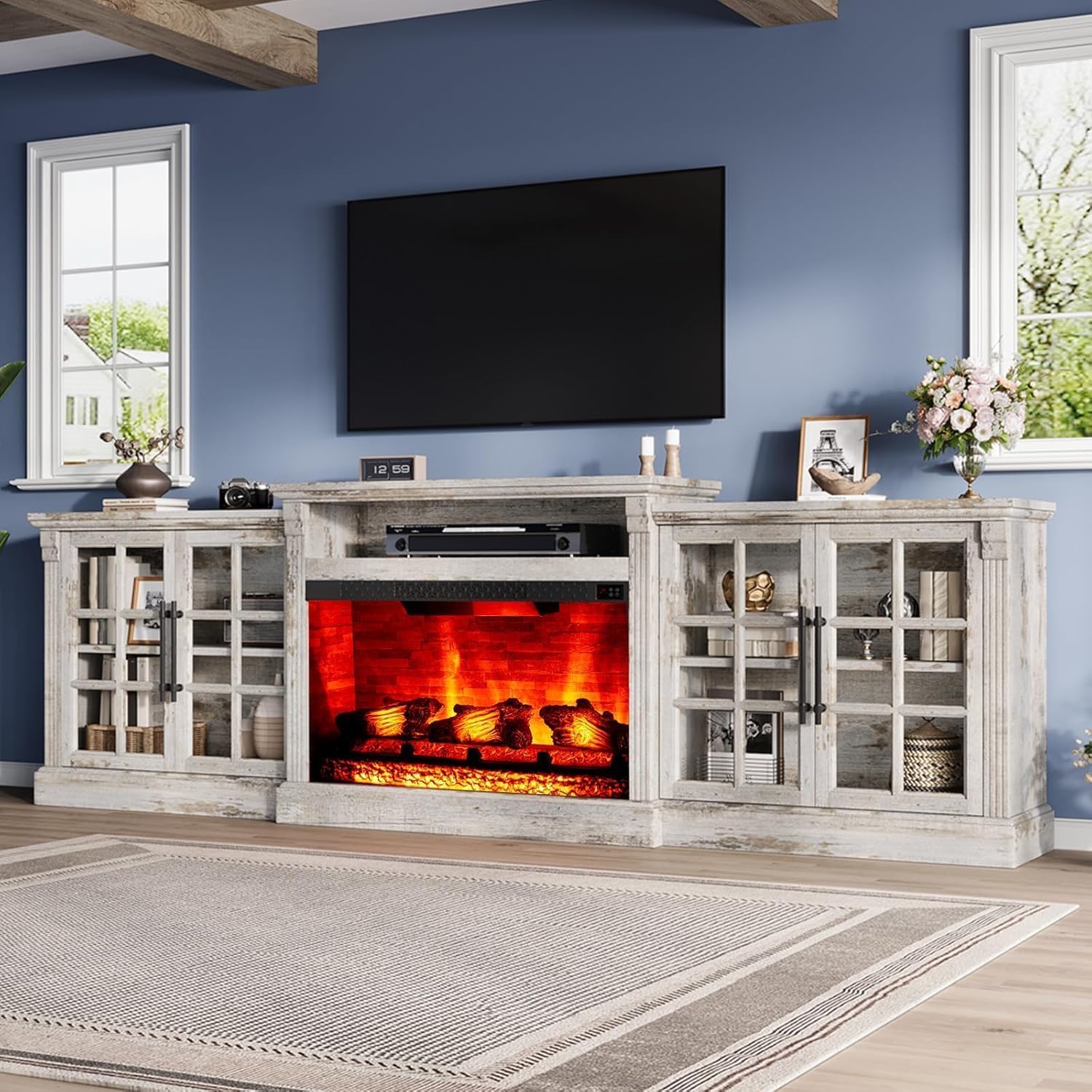 LUXOAK 97" Farmhouse TV Stand with 33" Fireplace for TVs up to 100", Media Entertainment Center with Large Storage Cabinet and Adjustable Shelves for