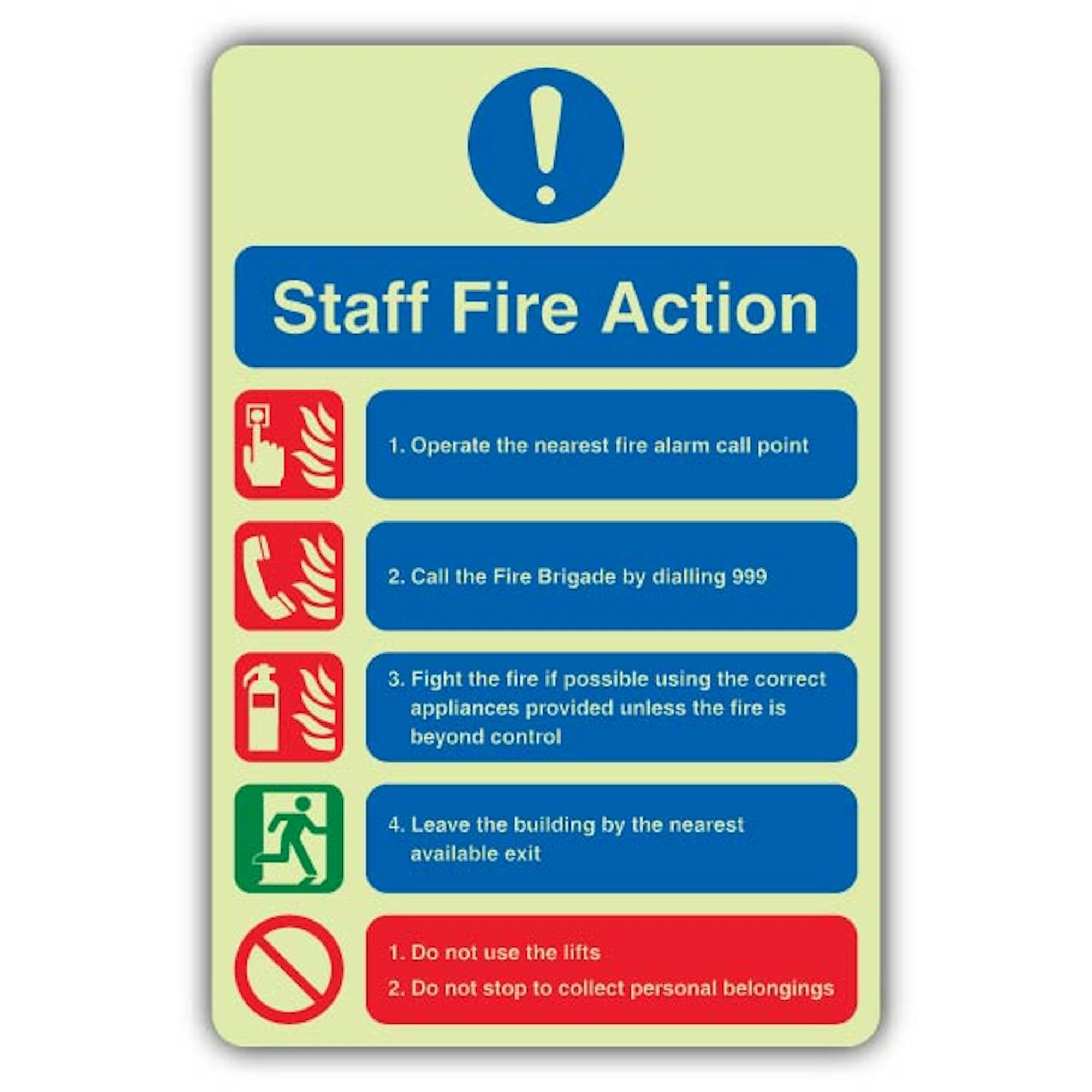 V Safety - Señal de acción contra incendios que brilla en la oscuridad, 300 x 450 mm, hecha de vinilo autoadhesivo de triple brillo, señalización de seguridad contra incendios, fabricado en Gran