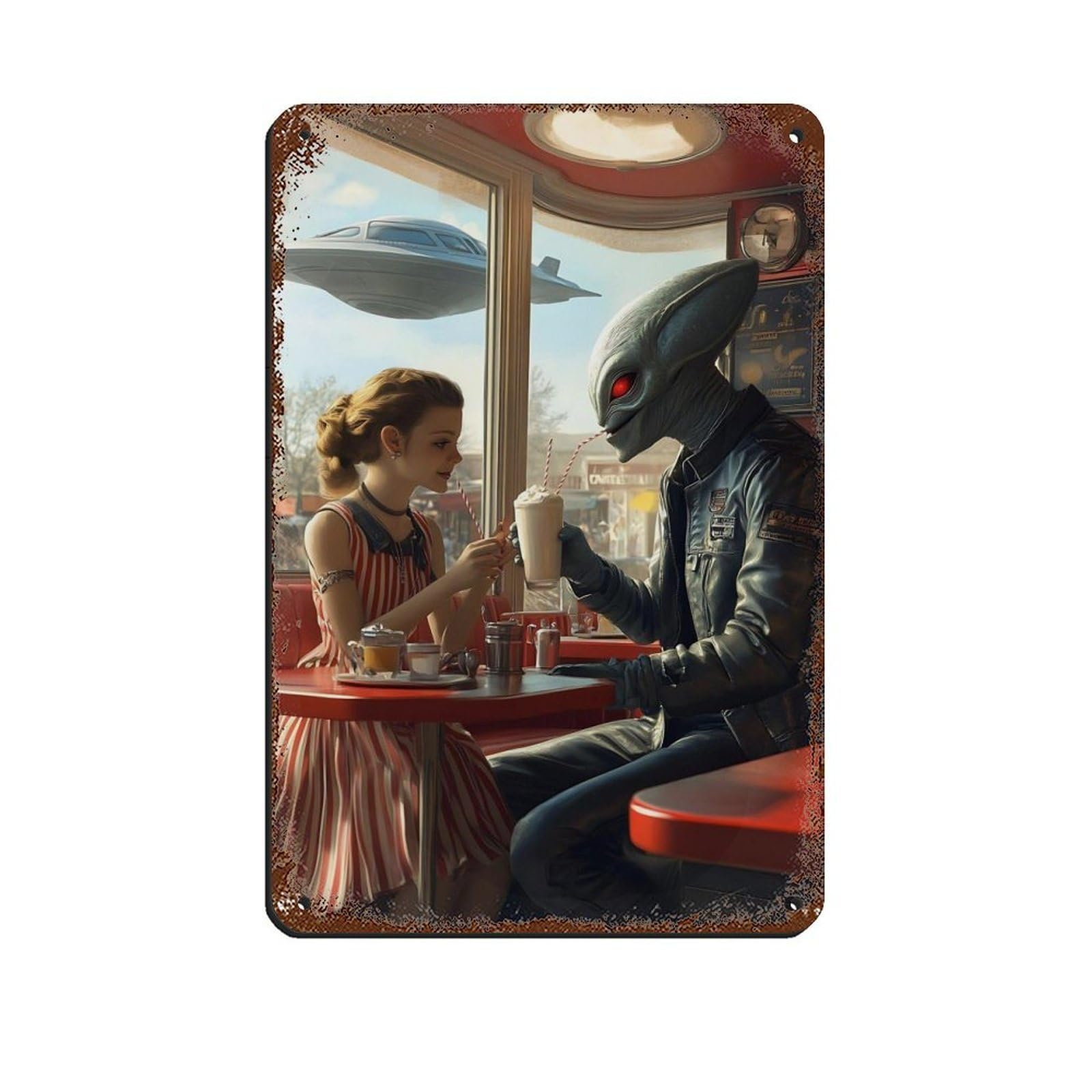 Lxwnze Girls 20L X 30W Cm Alien And Milkshake Date In Retro Diner Tin Sign Vintage Metal Pub Club Cafe Bar Home Wall Art Decoration Poster Retro 8X12inch(20X30cm)