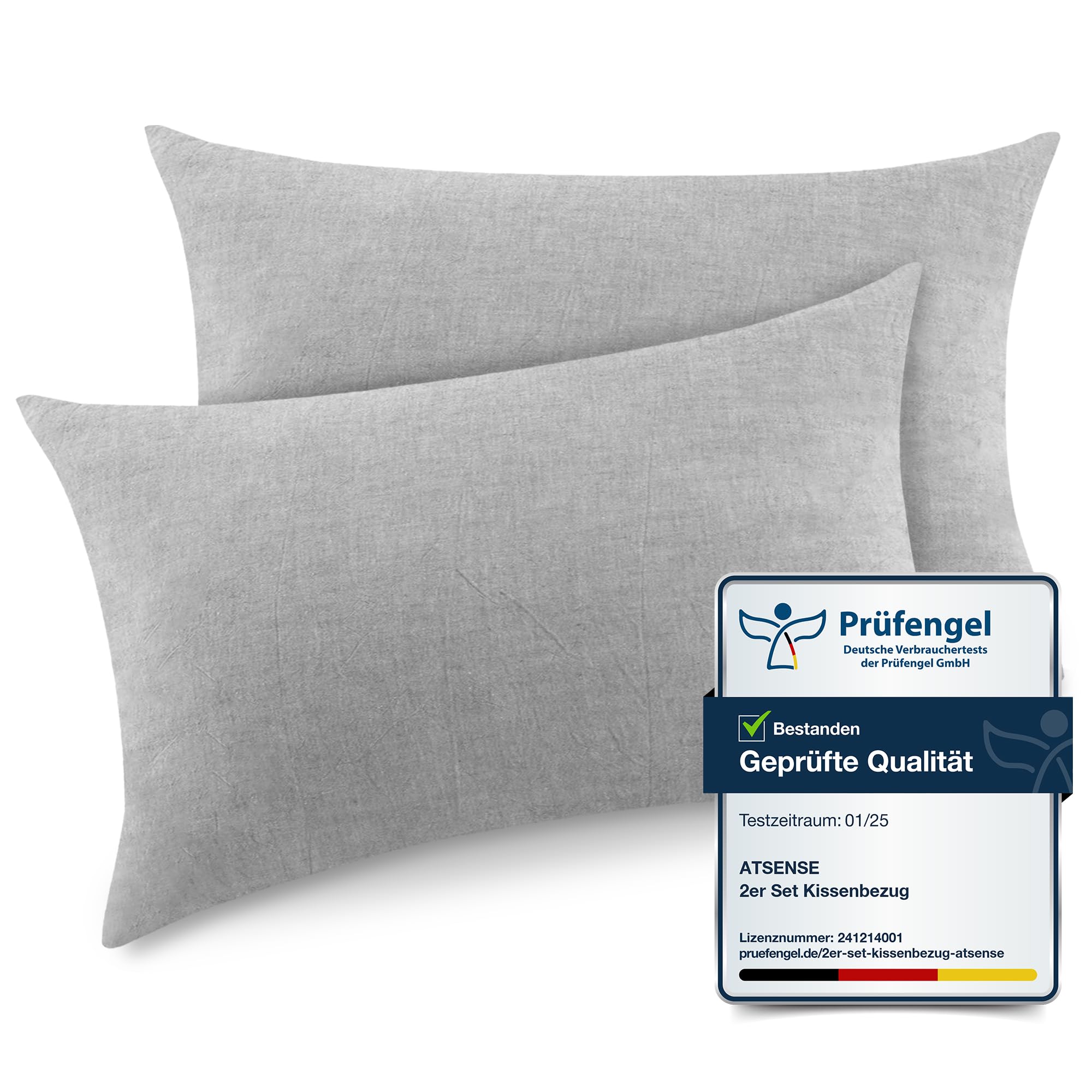 ATsense 2er Set Kissenbezug 40x60 cm - 100% Gewaschene Baumwolle, Grau Kopfkissenbezug mit Reißverschluss, Oeko-TEX Zertifiziert Weich, Nicht Lleicht Verformbar