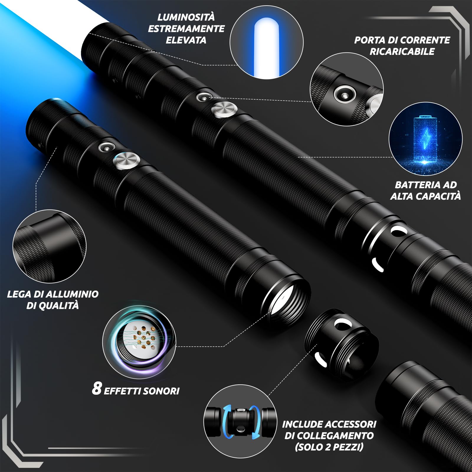Spada Laser, 2 in 1 Spada Laser per Bambini, Ricarica USB RGB 16 Colori Lightsaber Suoni Simulati di Combattimenti, Regali per Bambini, Feste di Halloween, Cosplay (2 pz.)