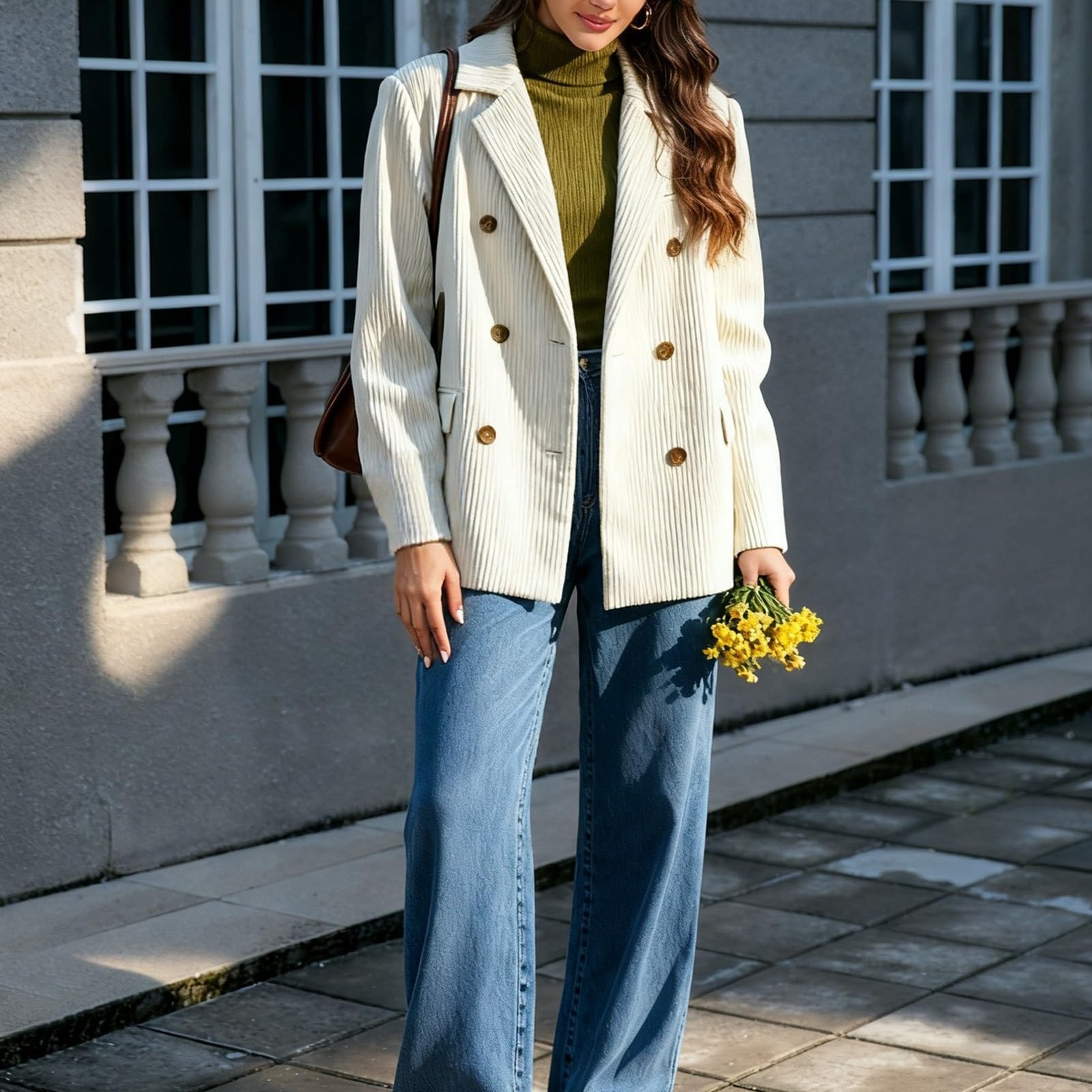 Generisch Blazer traditionnel moderne à double boutonnage en velours côtelé pour femme, cintré, marron, veste de costume, veste d'affaires, veste vintage en velours côtelé, pour le travail, le bureau