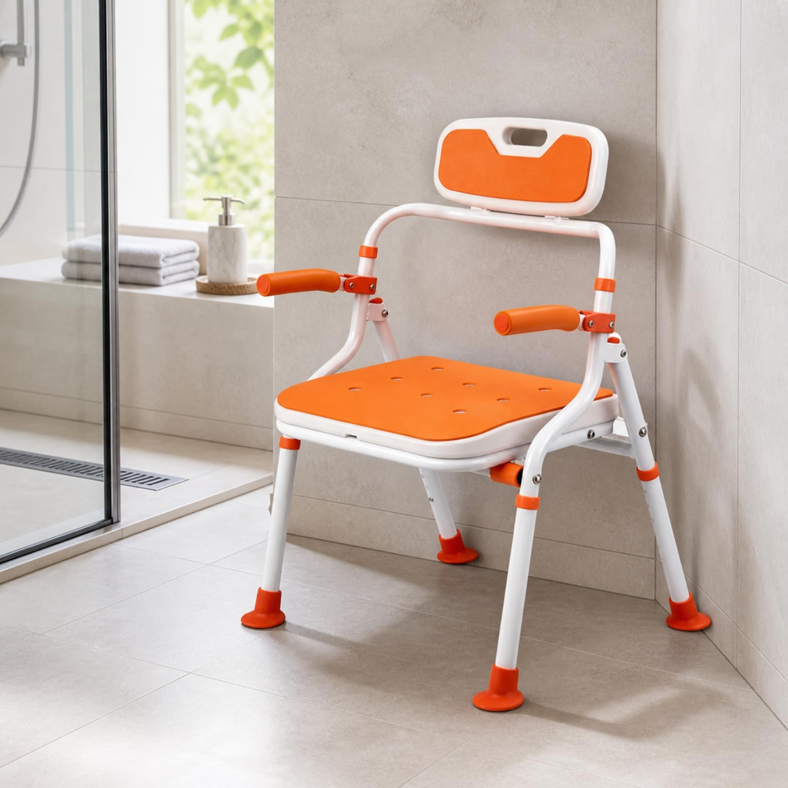 Silla Ducha con Reposabrazos Abatibles Portátil Silla Ducha Plegable Resistente para Almacenamiento Pequeño, Espalda