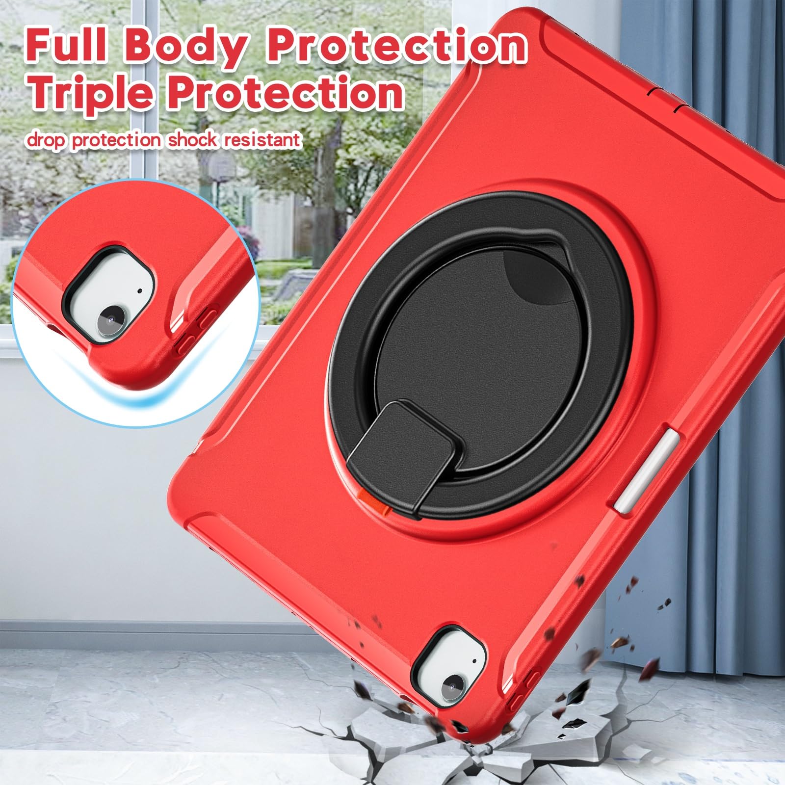Custodia protettiva per tablet robusta per iPad Air 13 pollici, custodia protettiva robusta ibrida con impugnatura, supporto girevole (rosso)