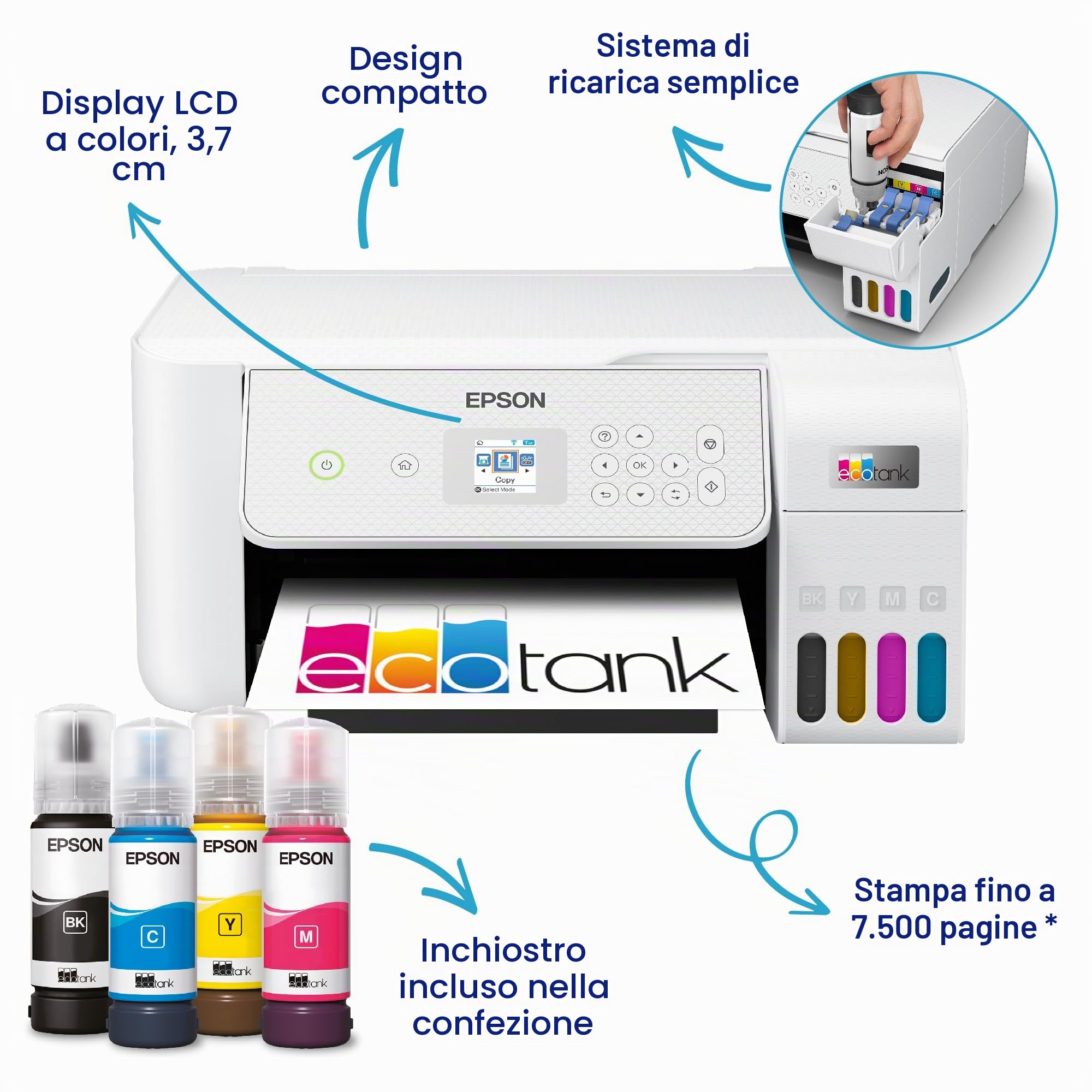 Epson EcoTank ET-2876 - Stampante multifunzione per serbatoio d'inchiostro Wi-Fi, formato A4, con una scorta di inchiostri inclusa fino a 3 anni