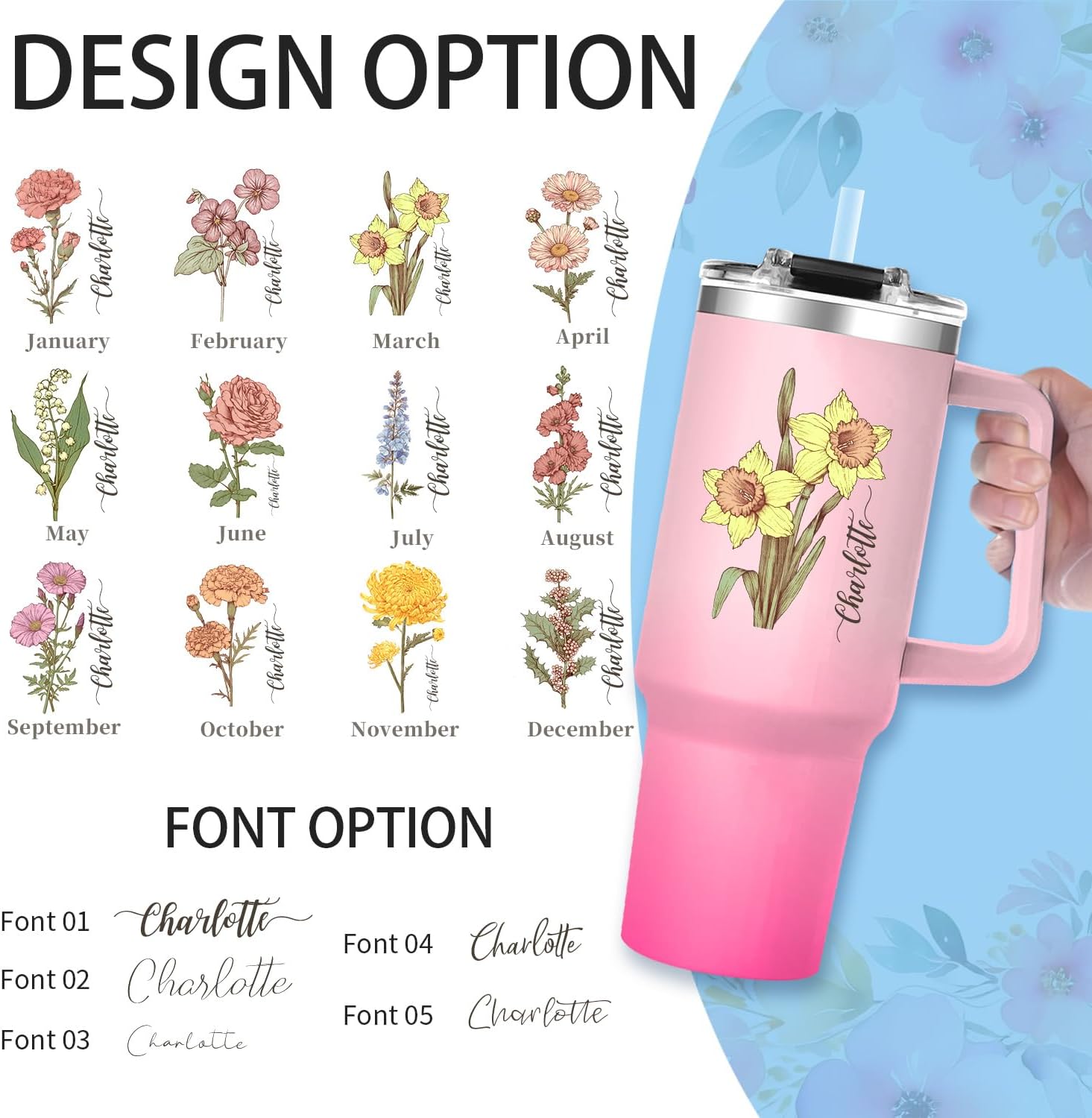 Personalized Birthday Gifts for Women-40oz Customized Birth Month Flower Tumbler with Name for Mom Grandma Aunts Sister Bestie on Birthdays,Mothers Day Christmas, Custom Female Birth Flower Gift,04