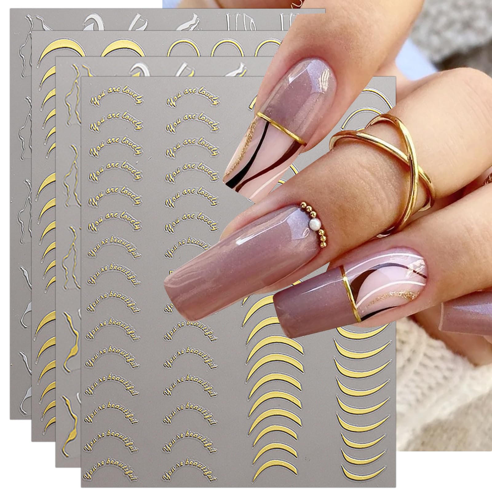 JMEOWIO 10 Sheets French Tip Line Nail Art Stickers Decals Self-Adhesive Pegatinas Uñas Gold Silver Nail Supplies Nail Art Design Decoration Accessories