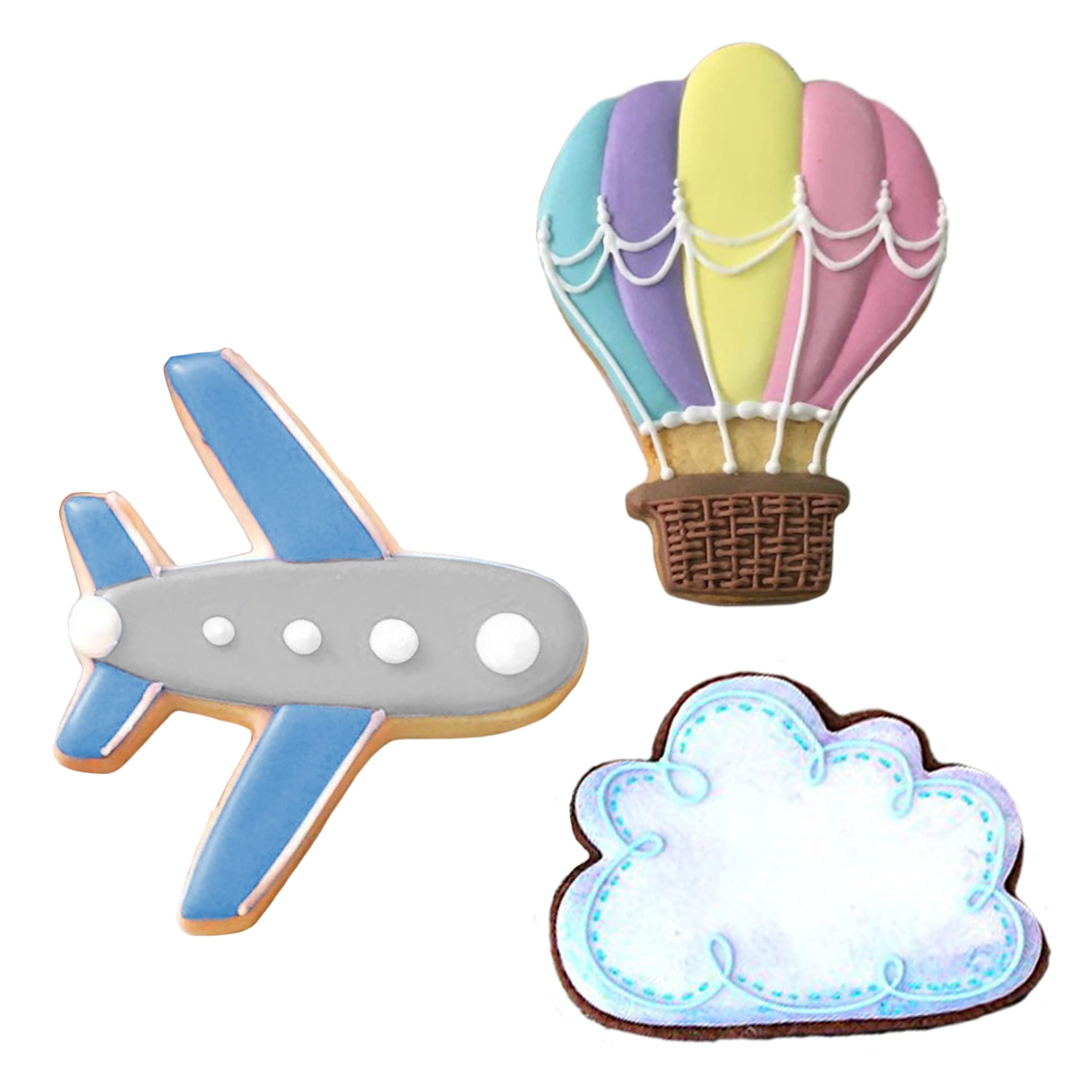 Ann Clark Cookie Cutters Juego de 3 cortadores de galletas transporte aéreo con libro de recetas, avión, nube y globo aerostático | Incluye: avión, nube y globo aerostático, tamaño y forma perfectos, del cortador de galletas más grande de Estados Unidos