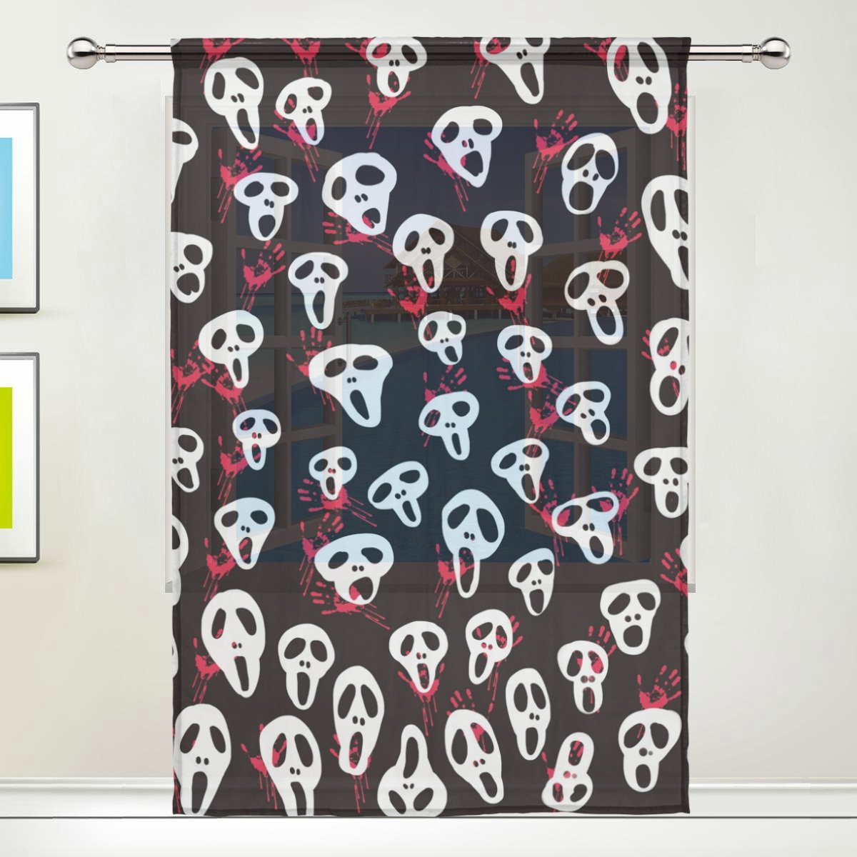 Amazon マキク Makiku シェードカーテン 遮光 ミラーレースカーテン おしゃれ レースカーテン 断熱 遮熱 スカル柄 ハロウィン 怖い手 出窓 小窓 Uvカット 薄い 目隠し 幅140cm 丈0cm 1枚 レースカーテン オンライン通販