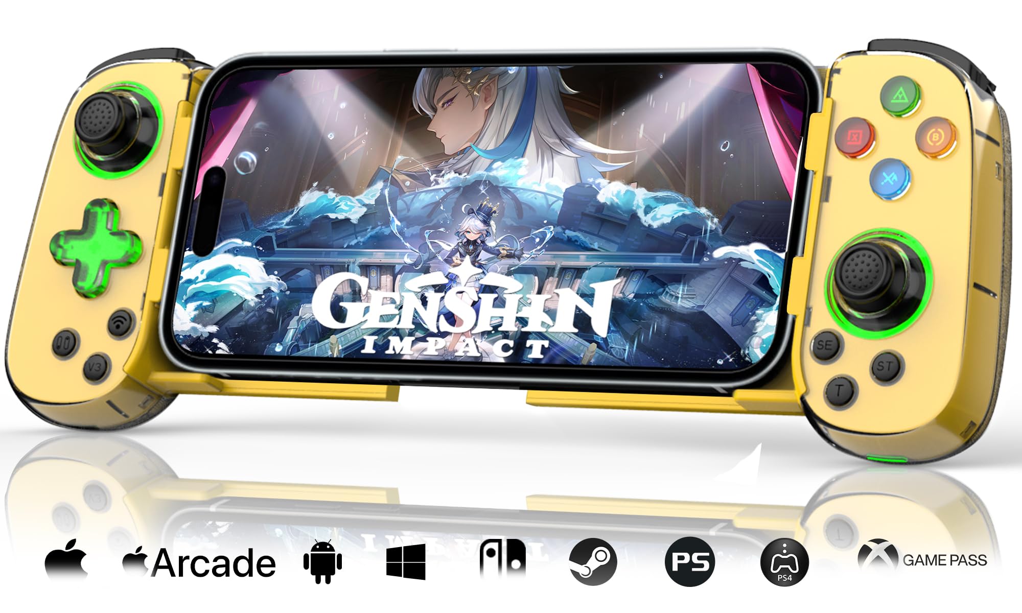 Phone Game Controller for iPhone 17/Android/PC/Switch, Play COD, Genshin,Support Streaming on PS5/Xbox/PC Console, Cloud Gaming Wireless Gamepad Joystick, Turbo/6-Axis Gyro/Dual Motor, Green Light,Yellow