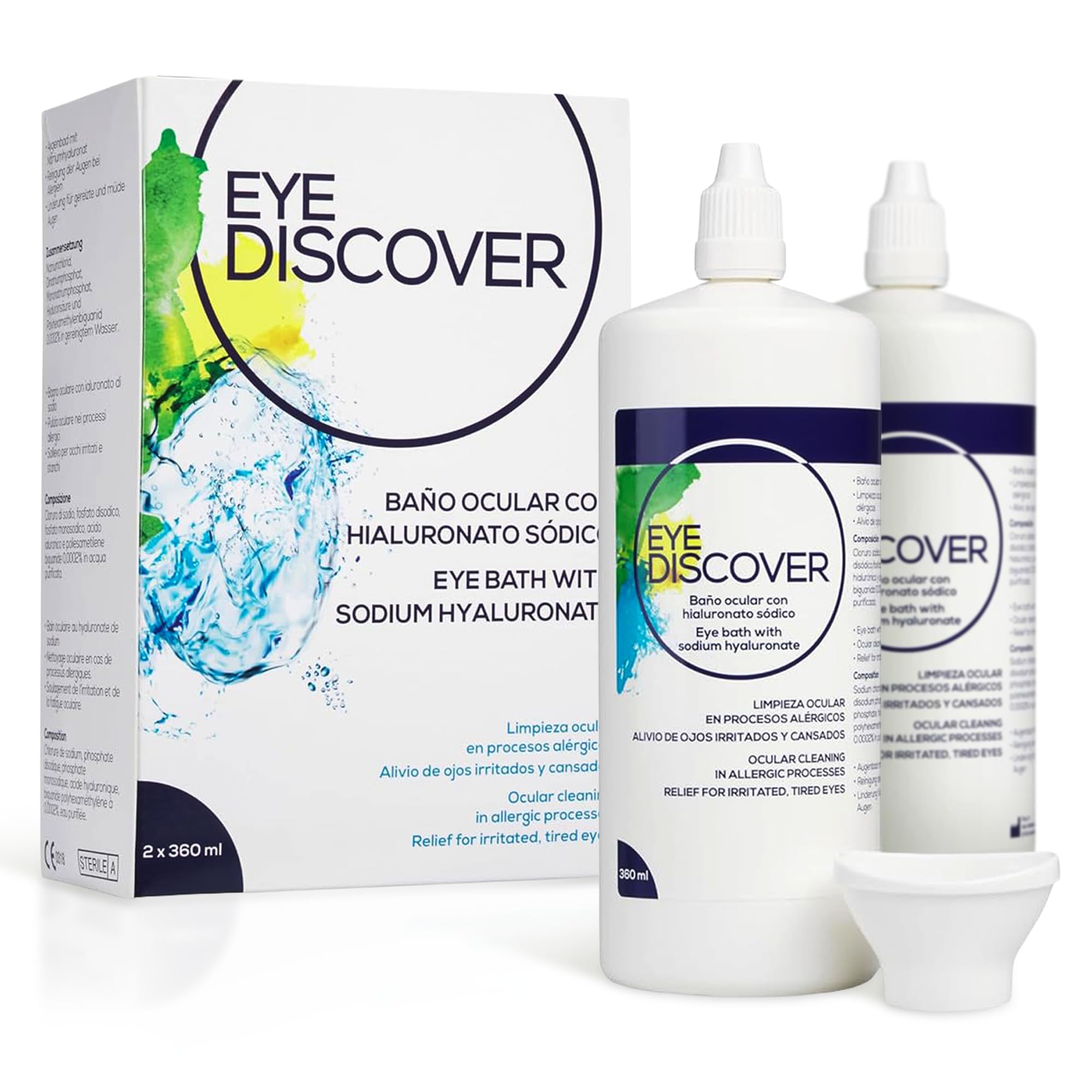 Bagno Oculare con Acido Ialuronico e Vaschetta Oftalmica per Idratazione e Pulizia Profonda degli Occhi, Soluzione Biocompatibile, 2 x 360 ml