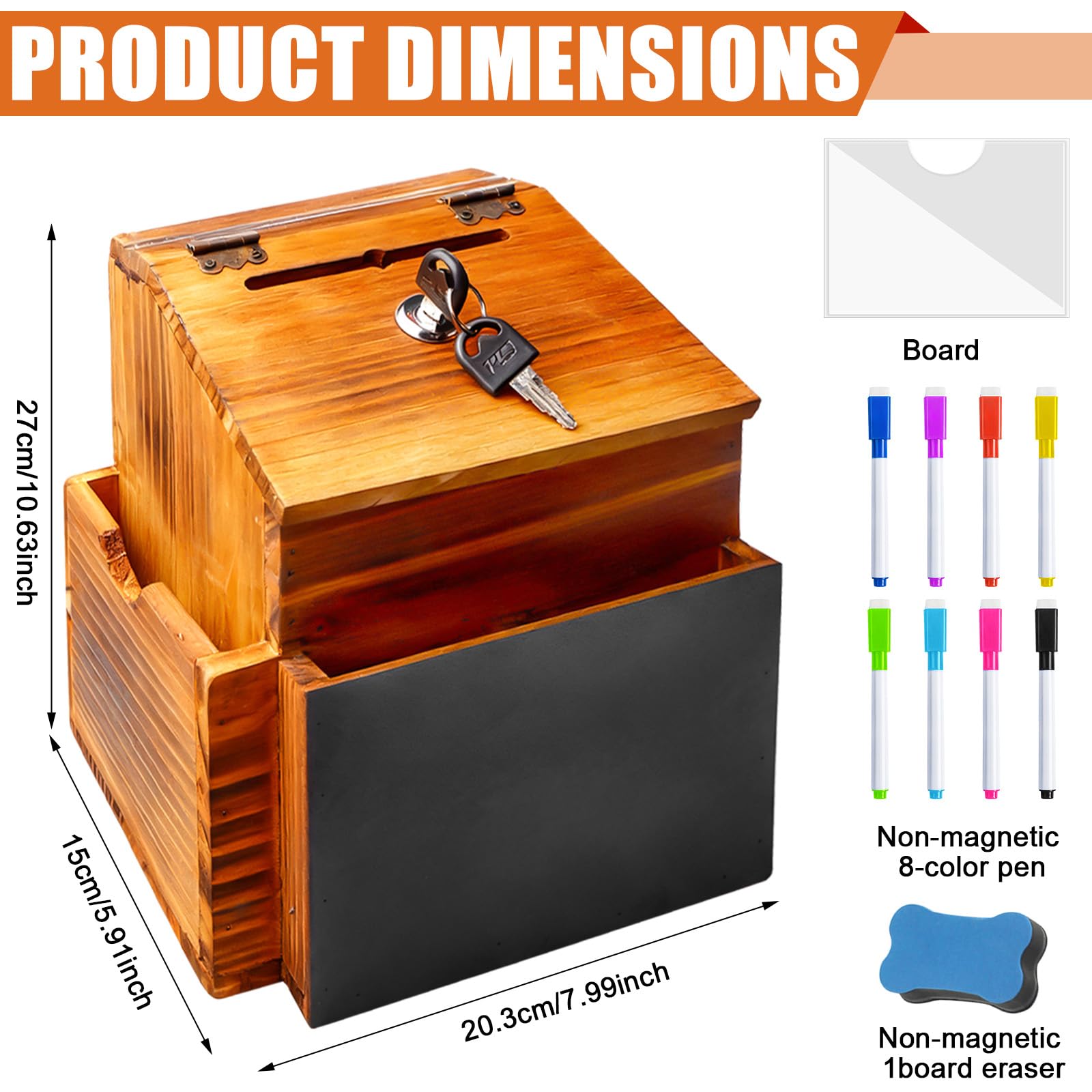 Holz Vorschlagsbox, 20.3*15*27cm Spendenbox Abschließbar m it 8-Farben-Tafelstift und nichtmagnetischem Tafelwischer, Briefkasten Holz für Schule, Büro, Krankenhaus, Vorschlag, Spende, Stimmzettel
