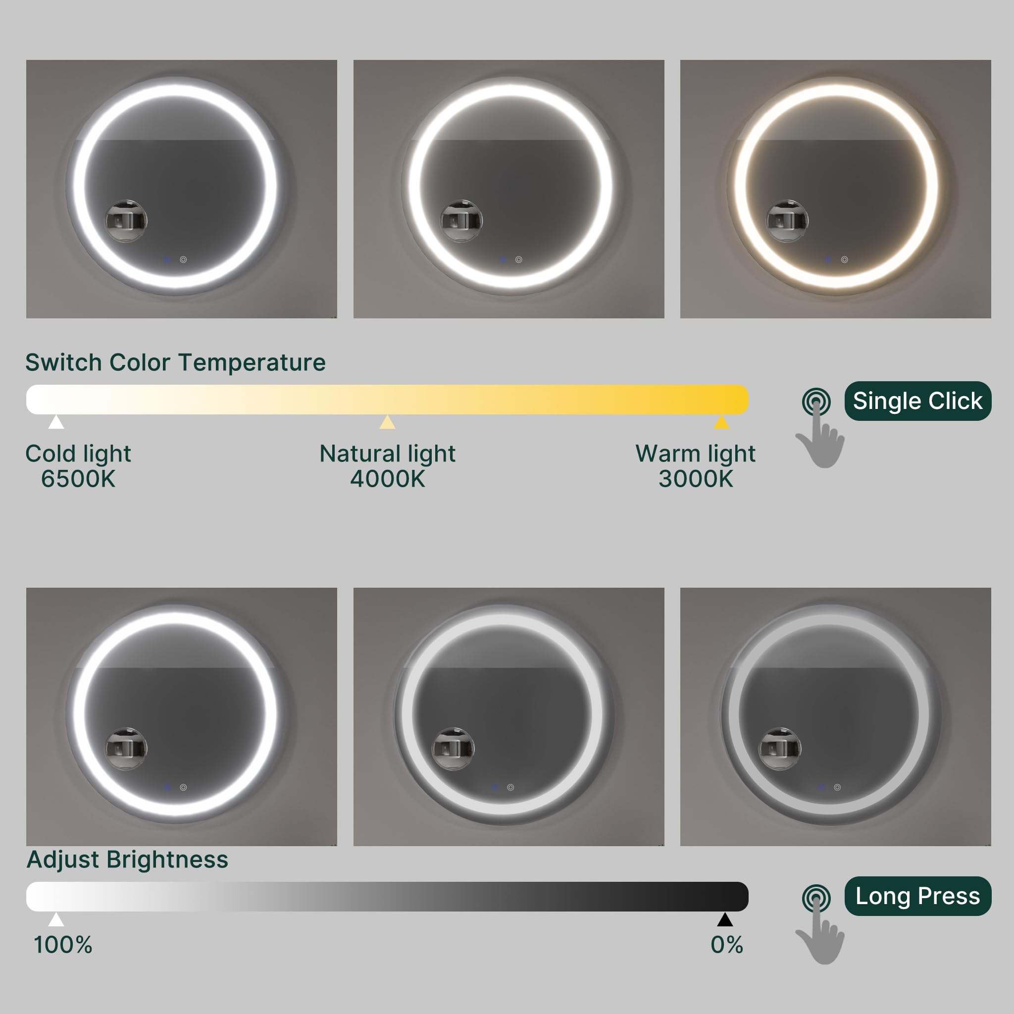 Mondeer Led-badkamerspiegel met verlichting, 80 x 60 cm, wandspiegel met aanraakschakelaar, anti-condens en 5 x loep, 3 lichtkleuren, dimbaar, voor badkamer, 3000 K - 6500 K Mondeer Led-badkamerspiegel met verlichting, 80 x 60 cm, wandspiegel met aanraakschakelaar, anti-condens en 5 x loep, 3 lichtkleuren, dimbaar, voor badkamer, 3000 K - 6500 K