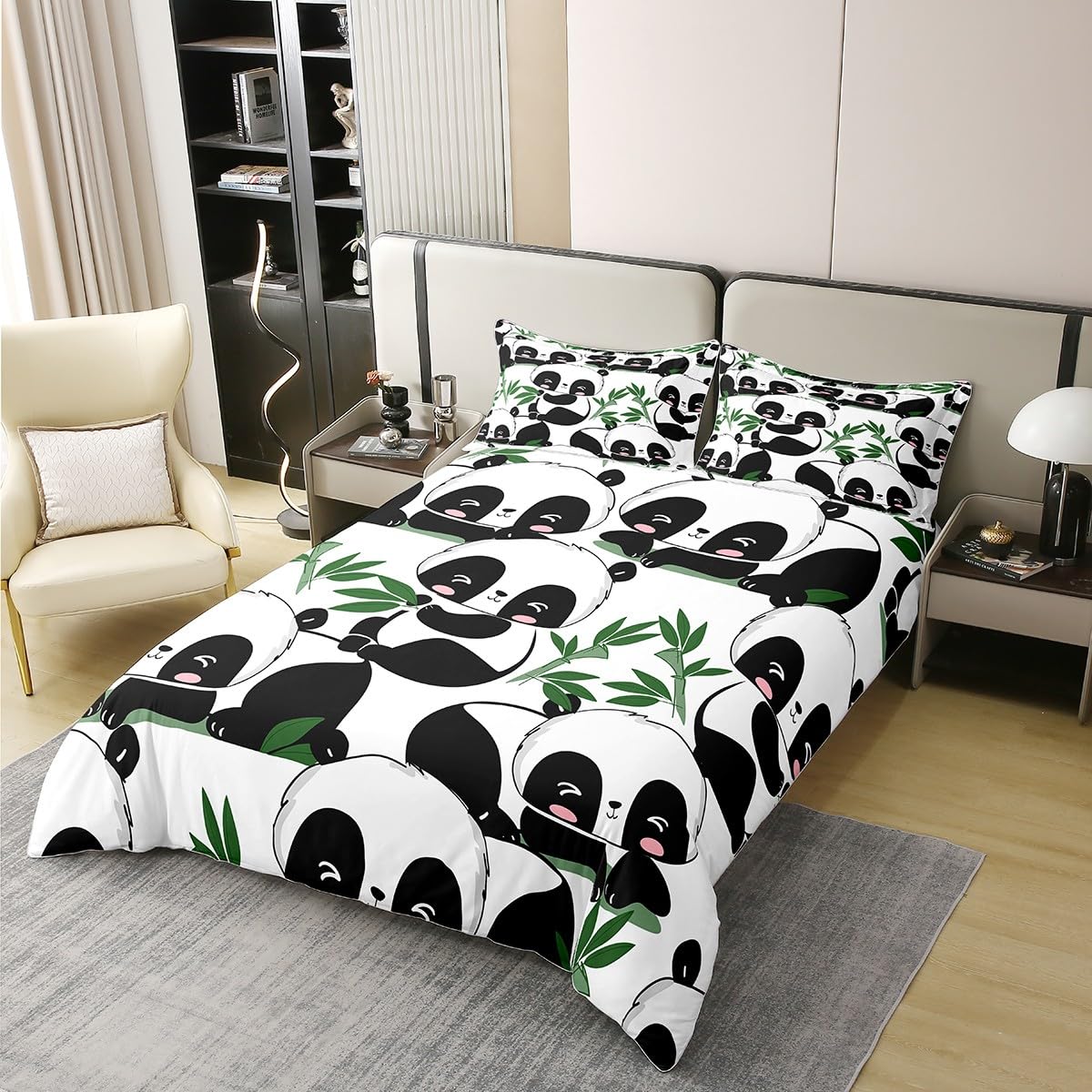 Kids Cartoon Panda Door 100% Cotton Duvet Cover Cute Animal Rugs for Living Room BedBedspread CoverKawaii Panda Bedding Set Set Green Banboo Panda Bear Printed White Comforter Cover Set Double Size - Image 3