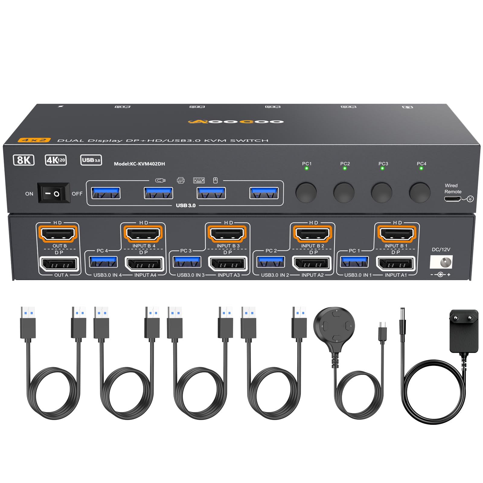 8K@60Hz/4K@144Hz HDMI DP KVM Switch 4 PC 2 Monitore,USB 3.0 KVM Switches mit 4 USB Anschlüssen für 4 Computer Dual Monitor,Kabelfernbedienung und USB-Kabel im Lieferumfang enthalten