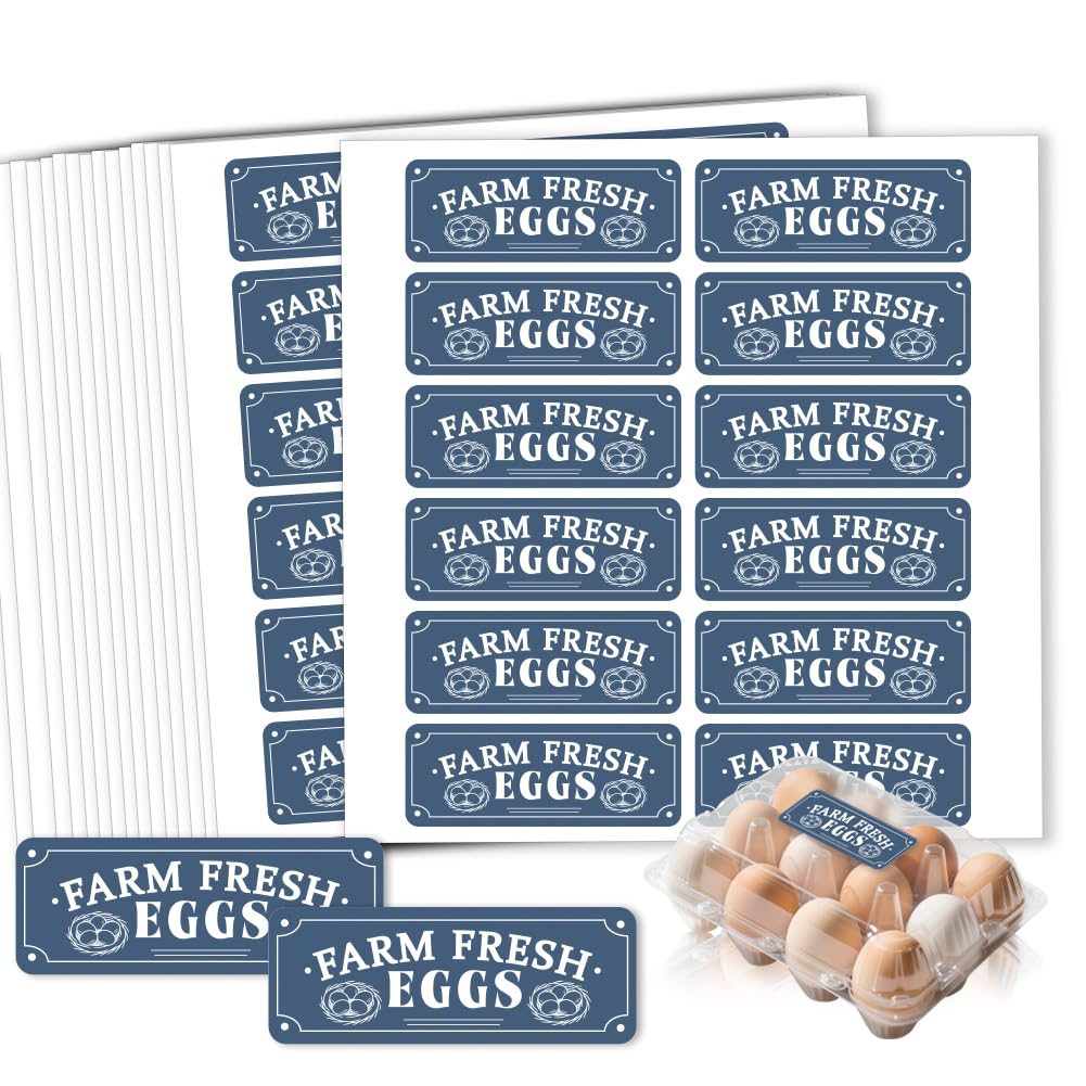 GOMAKERER 180 Pcs Farm Fresh Eggs Carton Labels, 2.6 x 0.98 in Rectangular Retro Style Blue Tones Unwashed Eggs Labels Self-Adhesive Egg Packaging Stickers for Chicken Egg Box Container Farm Supplies โ image 1