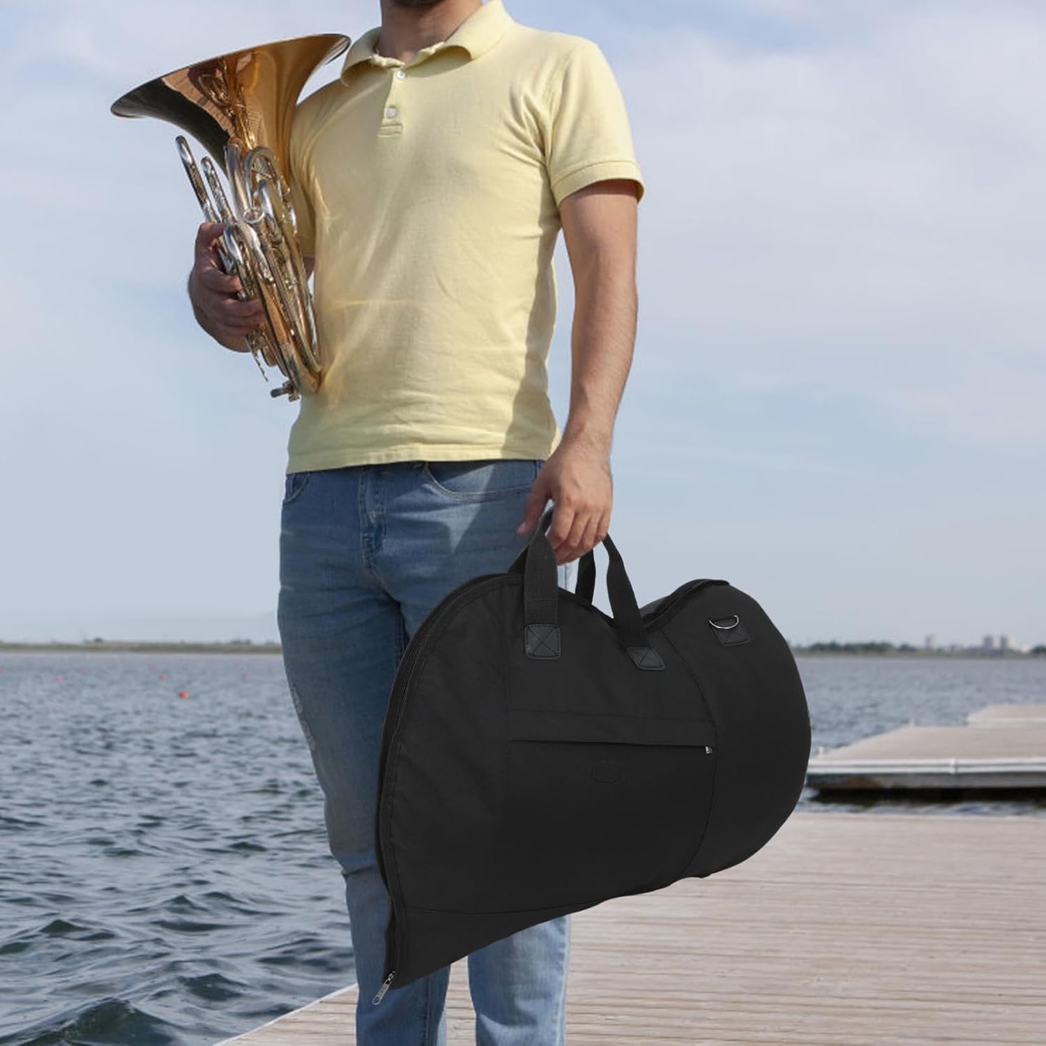 Portable French Horn Bag Single Shoulder Strap Includes Exterior Pocket for Accessories for Students and Professionals Random Color