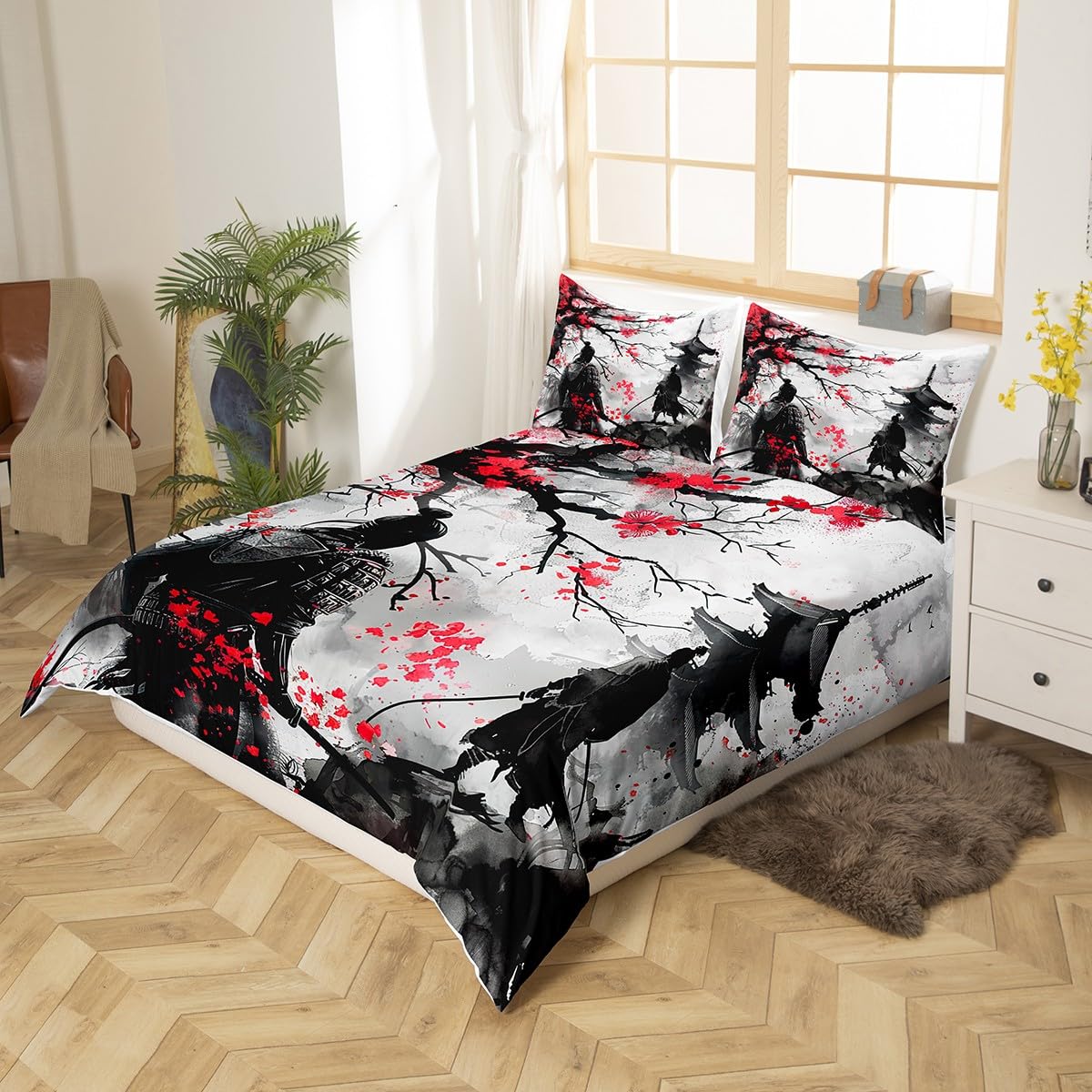 Feelyou Japanese Samurai Bedding Set Twin Size Kids Japanese Ukiyoe Comforter Cover Set for Boys Girls Teens Cherry Blossoms Home Decor Duvet Cover Japanese-Style Bedspread Cover(No Comforter)