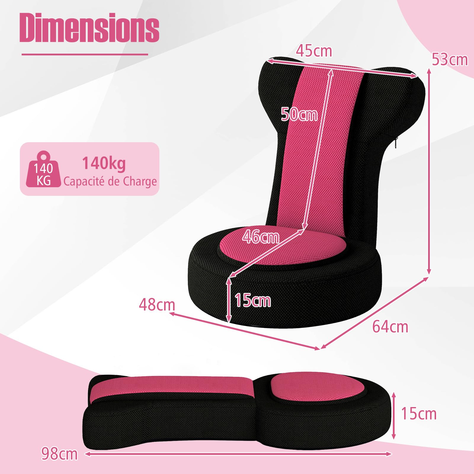 COSTWAY Fauteuil de Sol, Chaise Canapé Paresseuse avec Appuie-tête et Dossier Réglables, Coussin Rembourré, Chaise de Sol Pliable pour Méditation, Lecture, Jeu, Loisirs à Domicile, Chambre (Rose)