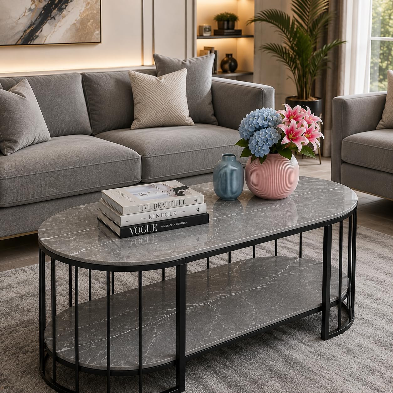 Luxury Oval Coffee Table for Living Room Premium Marble Finish Top 2-Tier Storage Shelf with Heavy Duty Metal Frame Modern Centre Table for Home, Office & Apartment (Black & Grey)-image-30