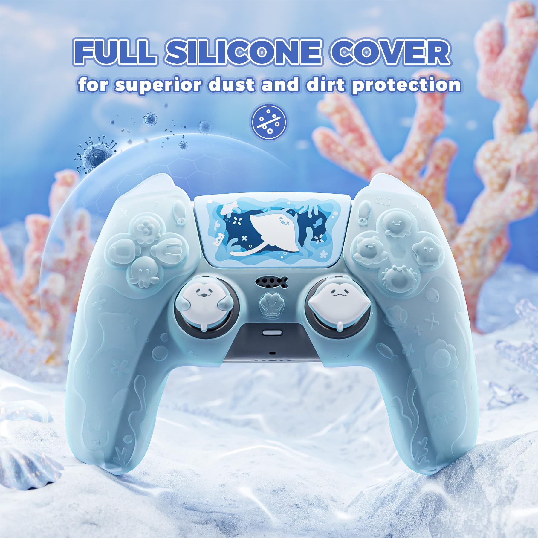 PlayVital Cover Controller per ps5 Joystick Custodia Silicone Semi-trasparente, Grip Antiscivolo & Copri Analogici & Adesivi Carini, Adatto per ps5 Base di Ricarica, Ocean Whisper-Menta Blu